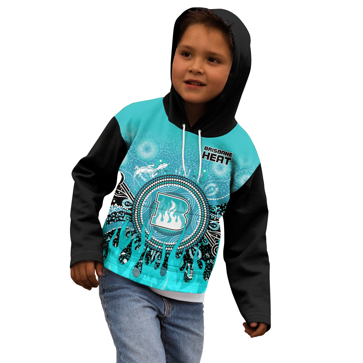 (Custom Text and Number) Brisbane Heat Hoodie KID Aboriginal Dot Fire Australia Cricket - Vibe Hoodie Shop