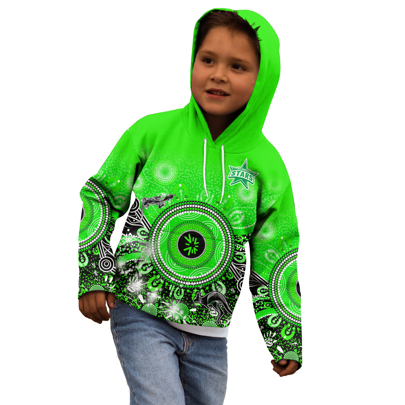 (Custom Text and Number) Melbourne Stars Hoodie KID Cricket Aboriginal - Vibe Hoodie Shop