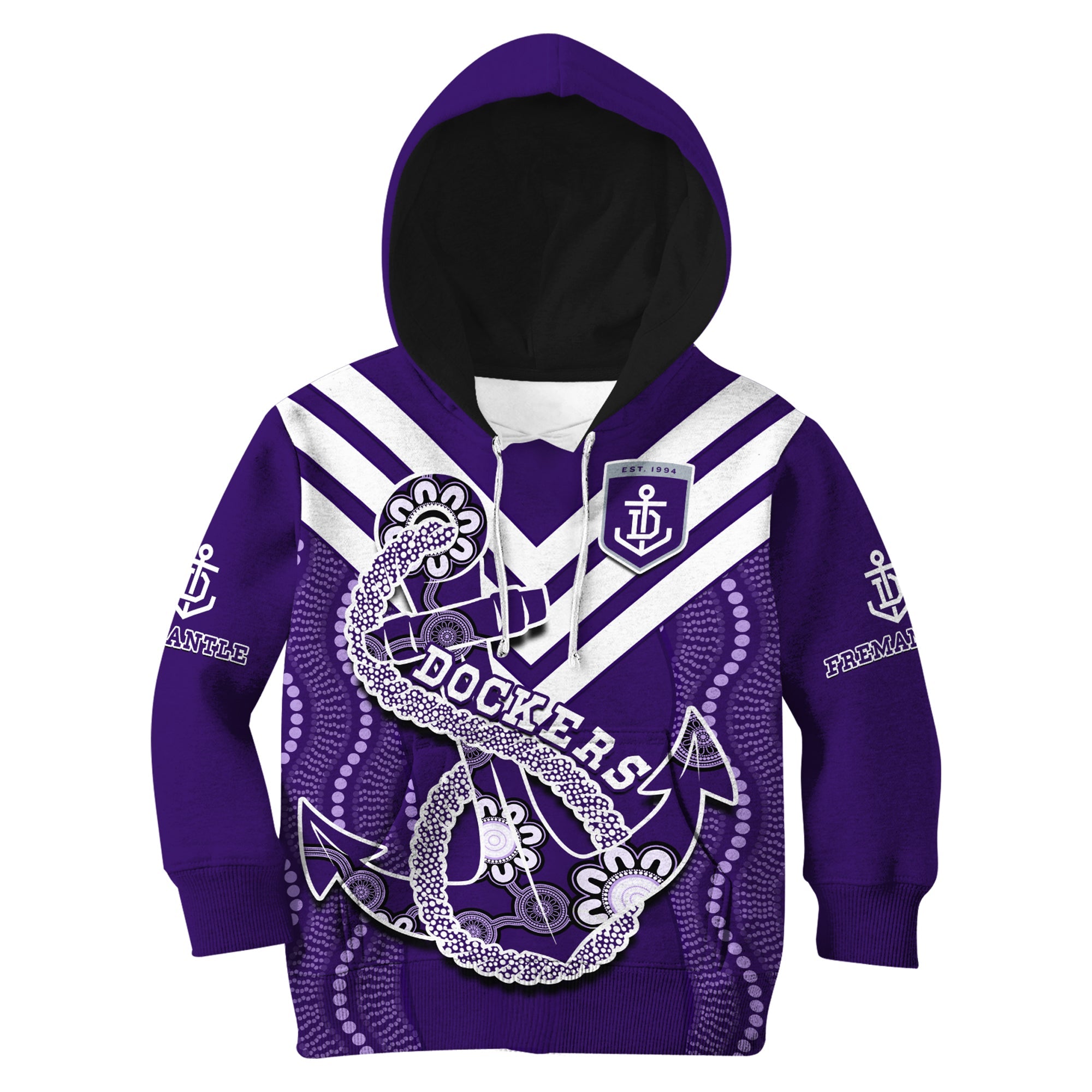 (Custom Text And Number) Dockers Football Hoodie KID Fremantle Anchor Mix Aboriginal Pattern Dynamic Style - Vibe Hoodie Shop