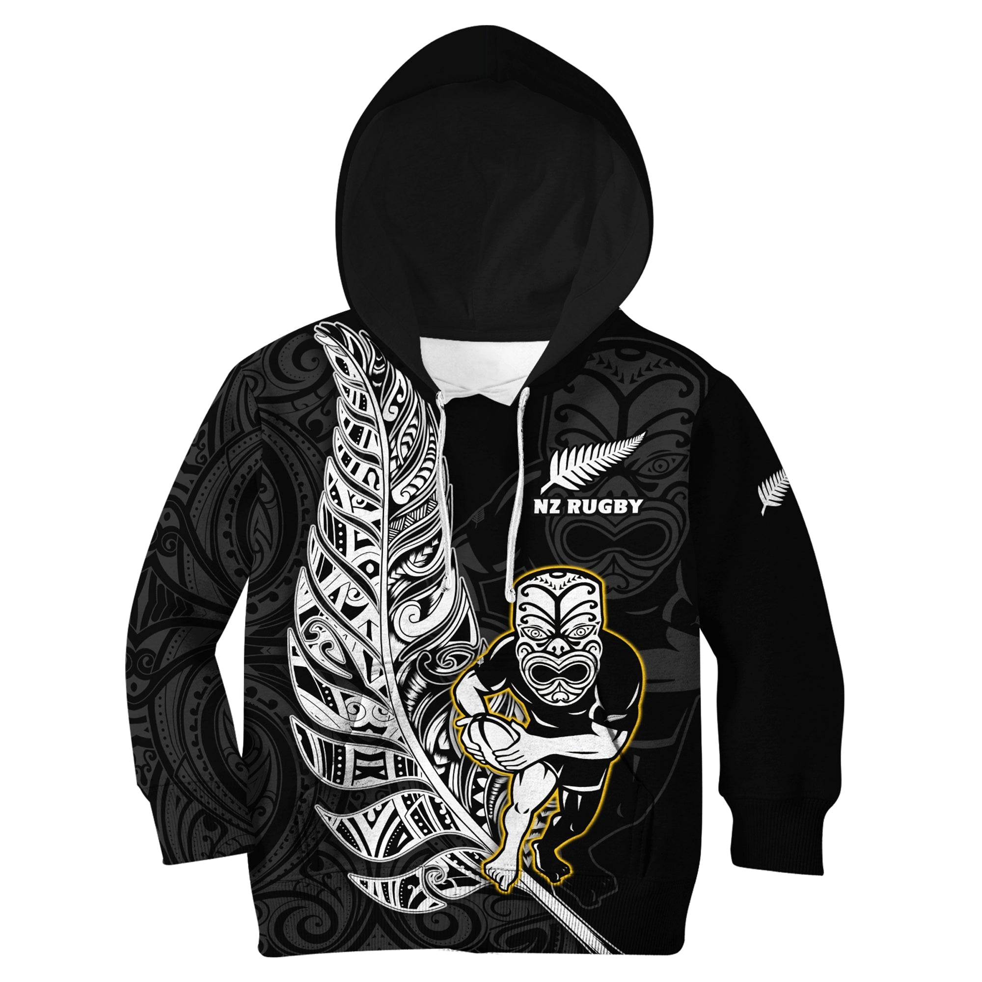 (Custom Text And Number) New Zealand Silver Fern Rugby Hoodie KID All Black Maori Version Black - Vibe Hoodie Shop