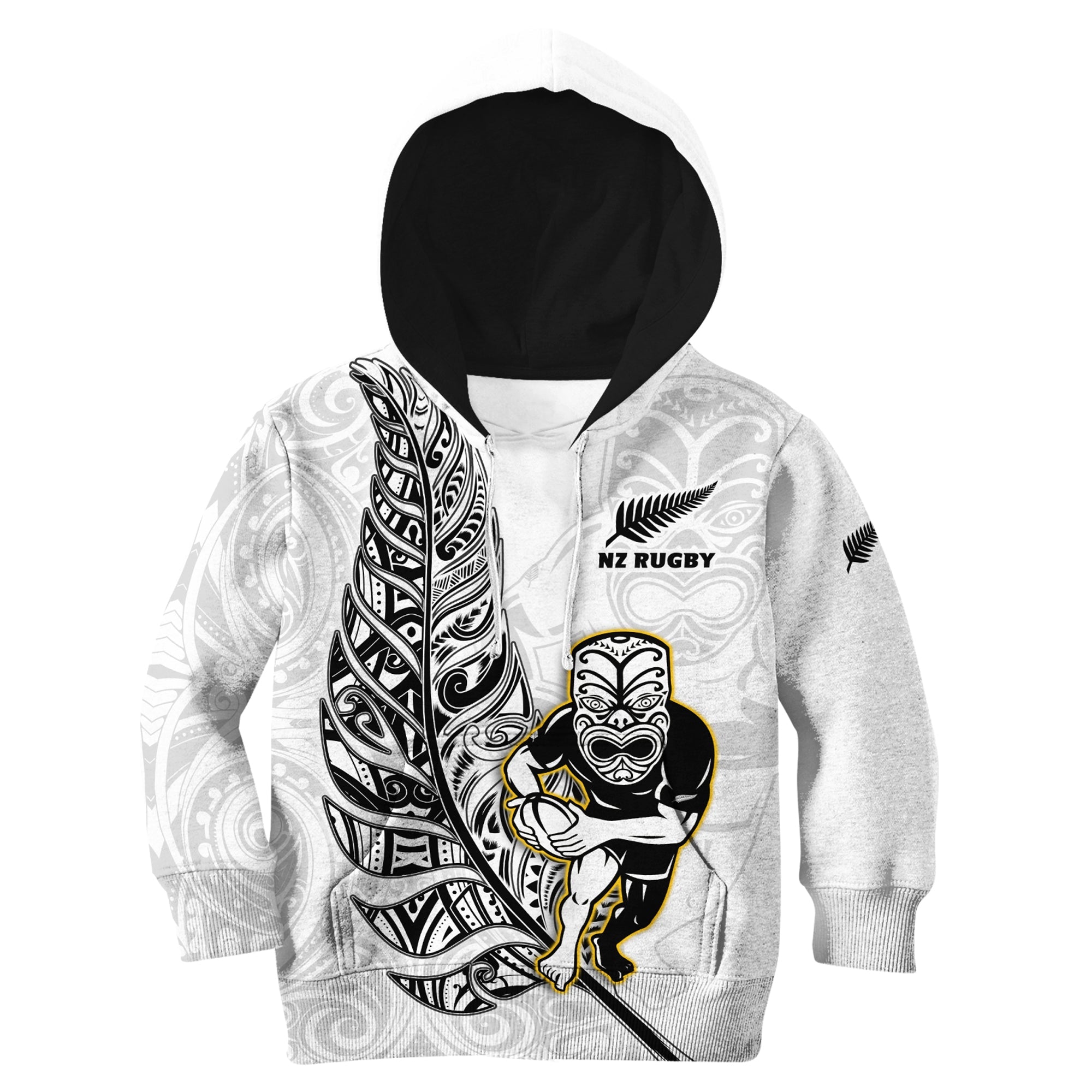 (Custom Text And Number) New Zealand Silver Fern Rugby Hoodie KID All Black Maori Version White - Vibe Hoodie Shop