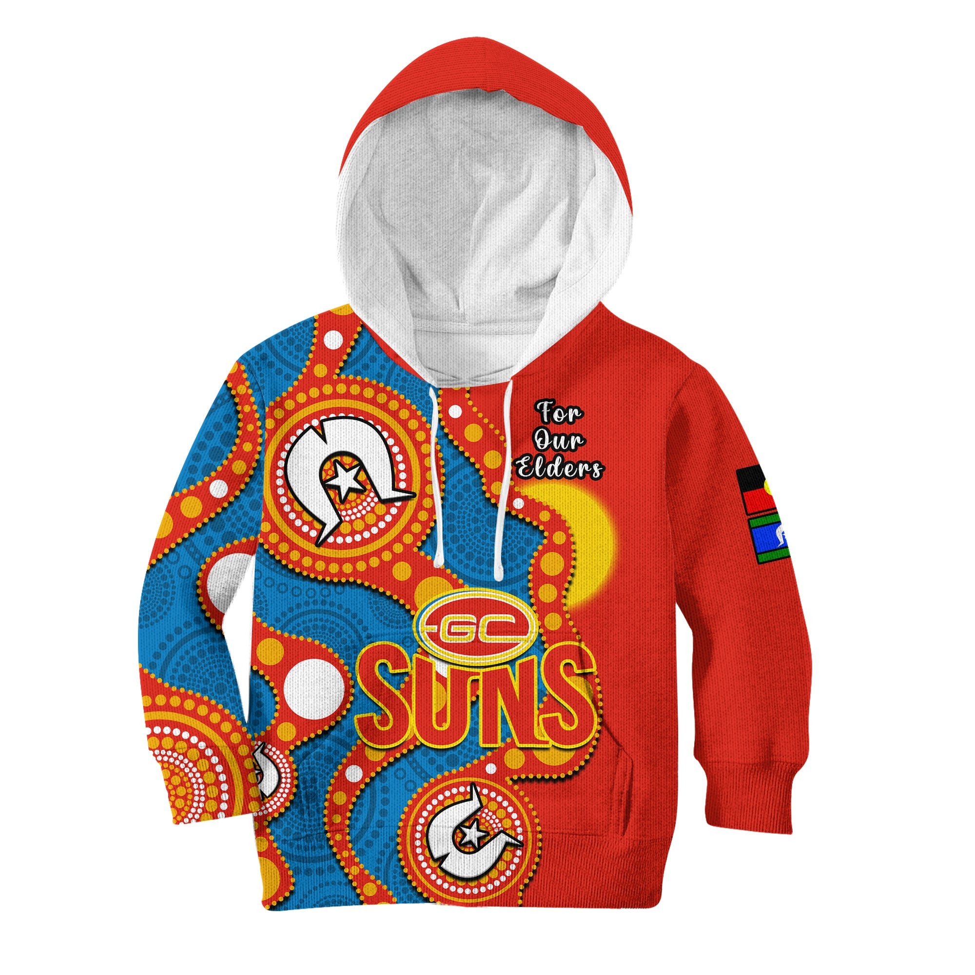 (Custom Text And Number) Gold Coast Football NAIDOC 2023 Hoodie KID Suns Indigenous For Our Elders - Vibe Hoodie Shop