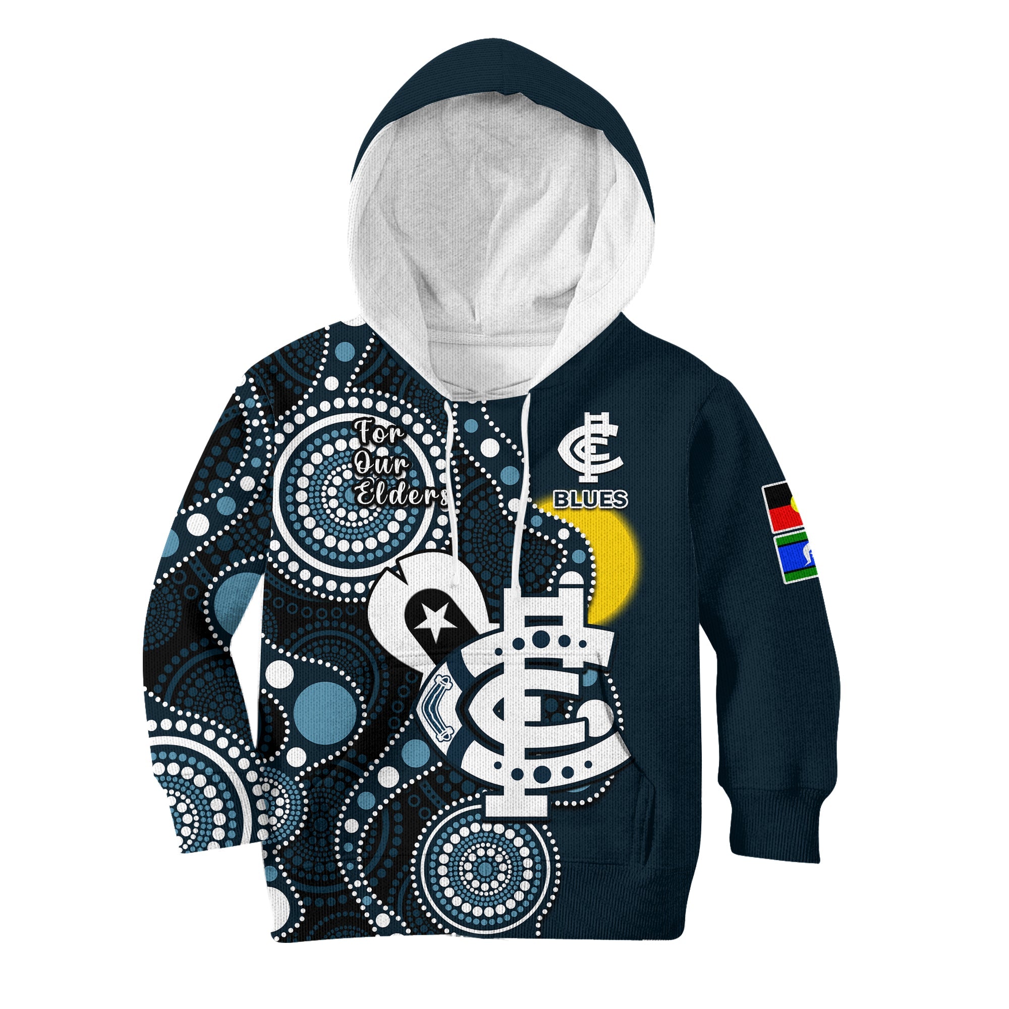 (Custom Text And Number) Carlton Football NAIDOC 2023 Hoodie KID Blues For Our Elders Indigenous Art - Vibe Hoodie Shop