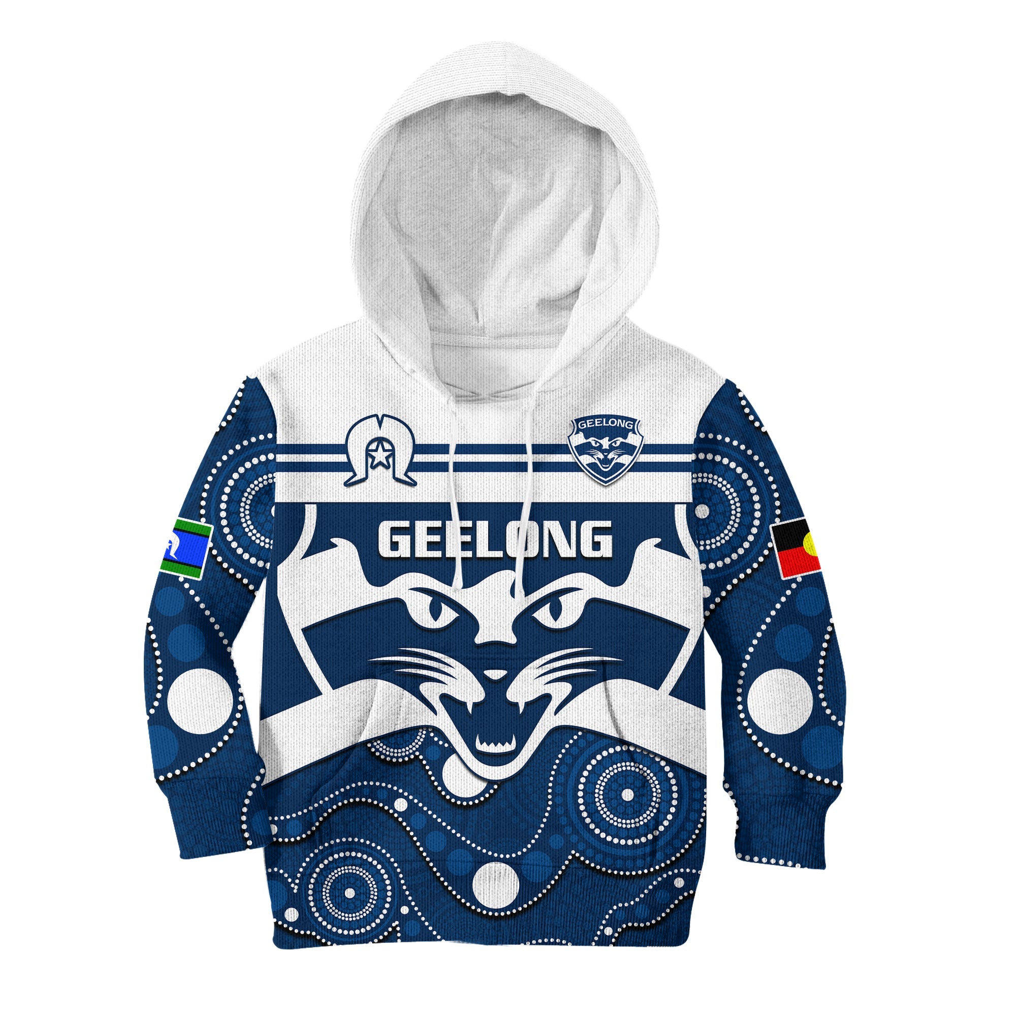 (Custom Text And Number) Geelong Football NAIDOC 2023 Hoodie KID Cats For Our Elders Indigenous Art - Vibe Hoodie Shop