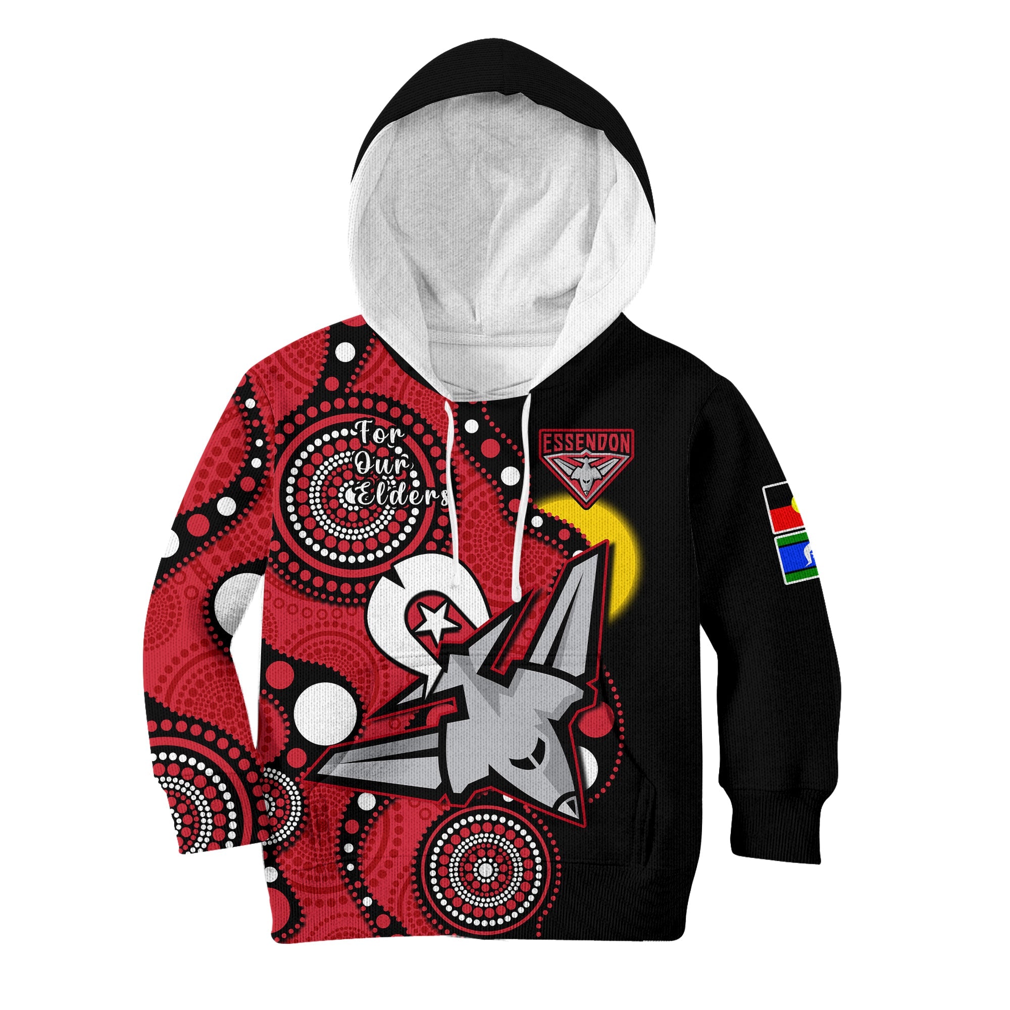 (Custom Text And Number) Essendon Football NAIDOC 2023 Hoodie KID Bombers For Our Elders Indigenous Art - Vibe Hoodie Shop