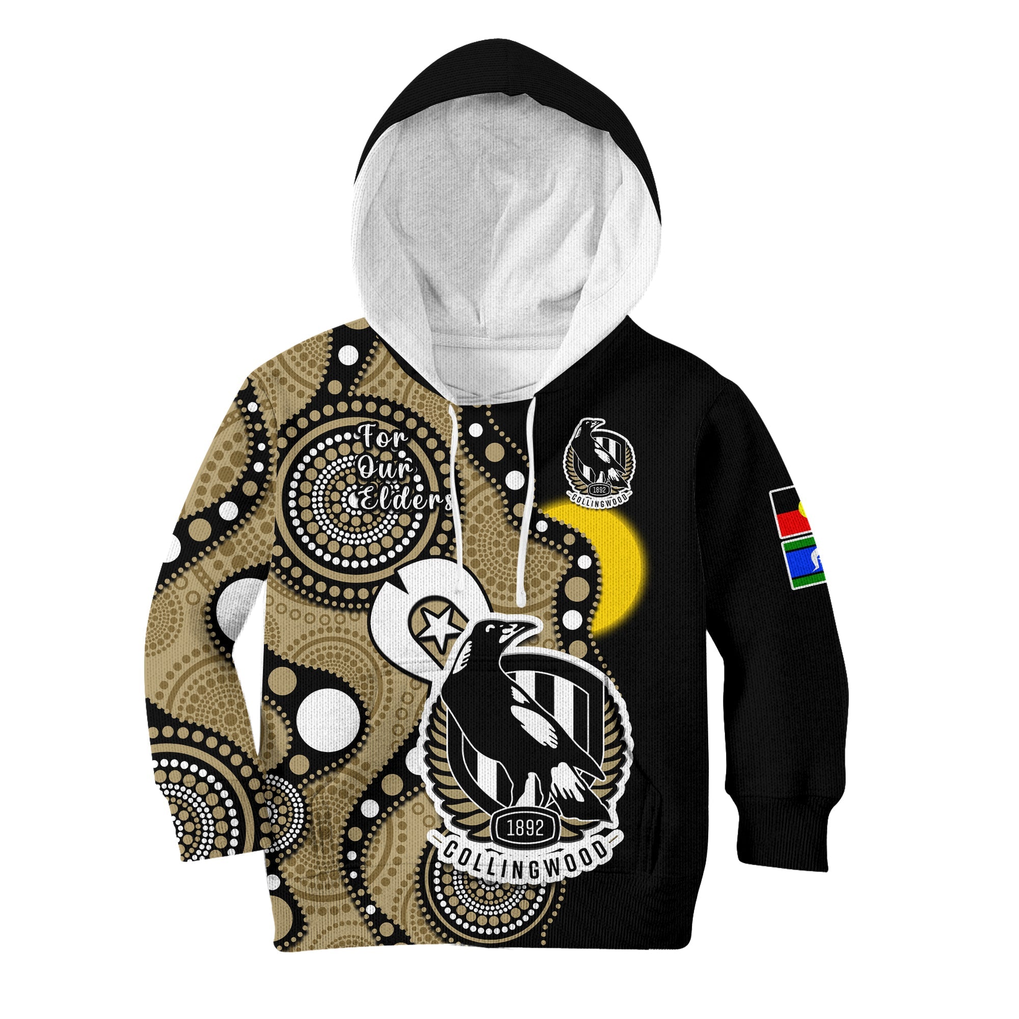 (Custom Text And Number) Collingwood Football NAIDOC 2023 Hoodie KID Magpies For Our Elders Indigenous Art - Vibe Hoodie Shop