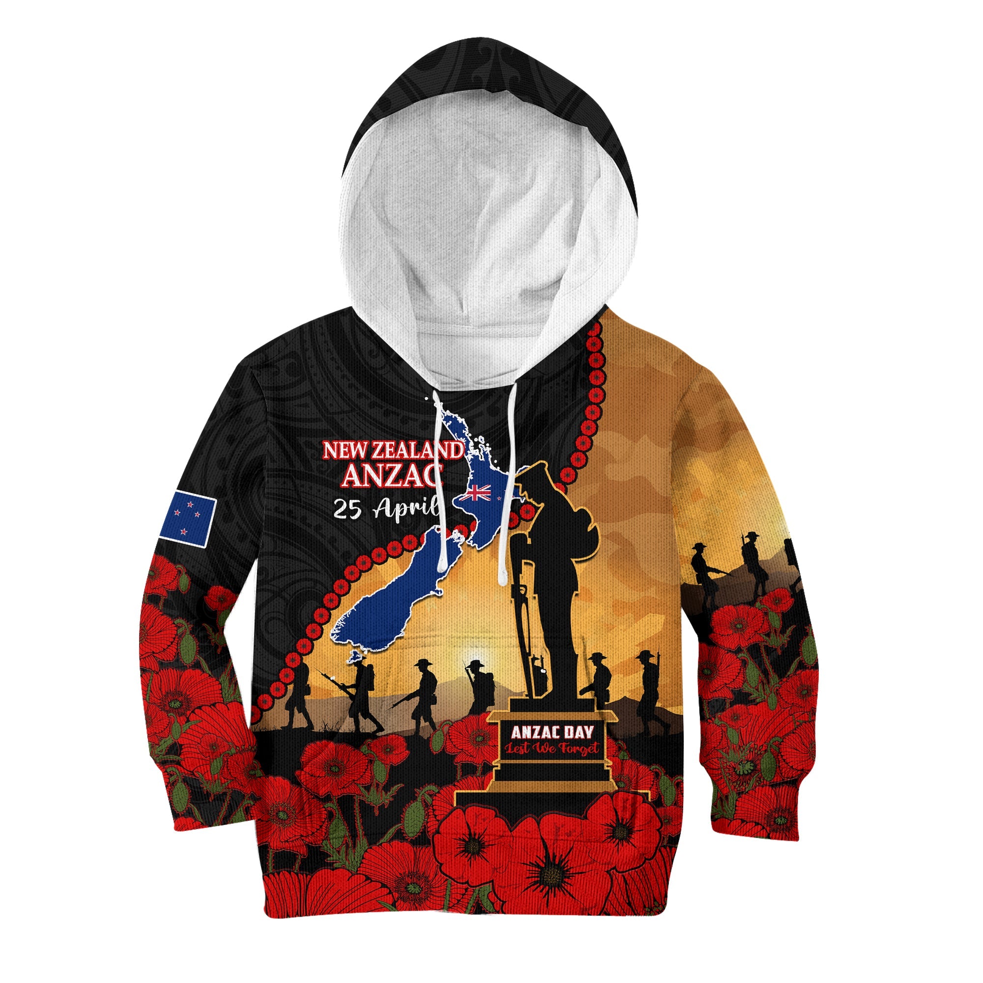 (Custom Personalised) New Zealand Anzac Hoodie KID Maori Camouflage Mix Poppies We Will Remember Them - Vibe Hoodie Shop