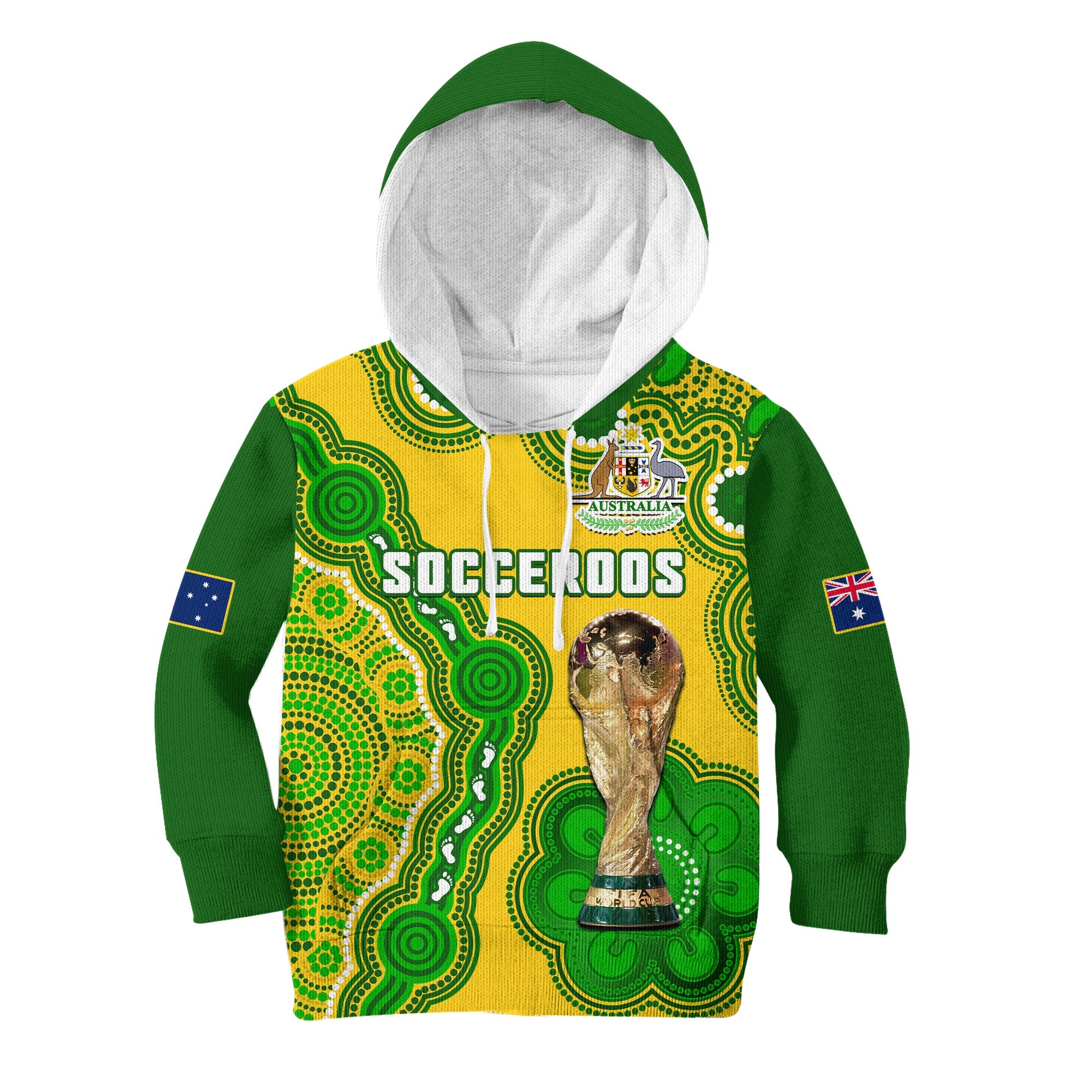 (Custom Text And Number) Australia Soccer Hoodie KID Socceroos Aboriginal WC 2022 - Vibe Hoodie Shop