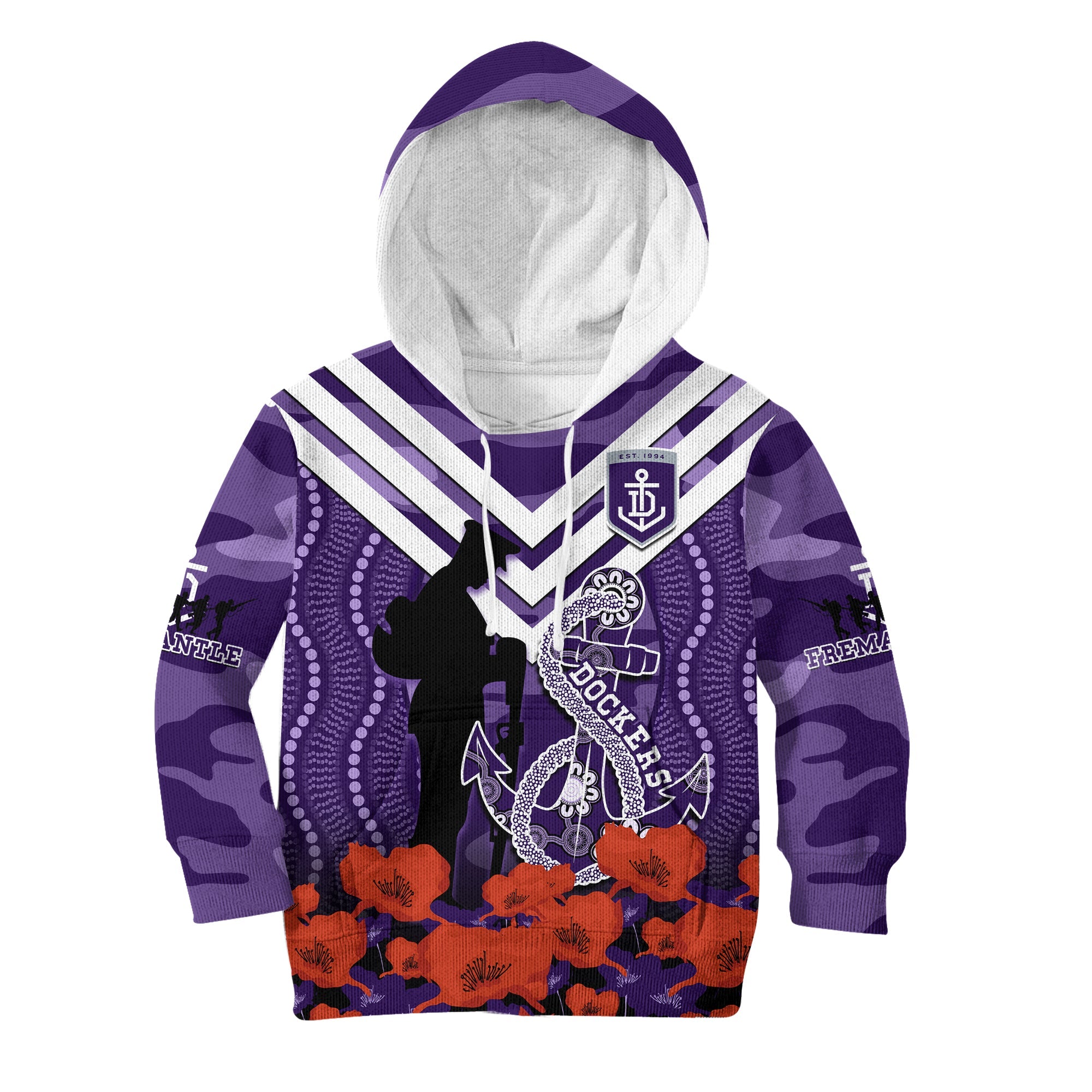 (Custom Text And Number) Dockers Football ANZAC 2023 Hoodie KID Aboriginal Mix Poppy Camouflage - Vibe Hoodie Shop