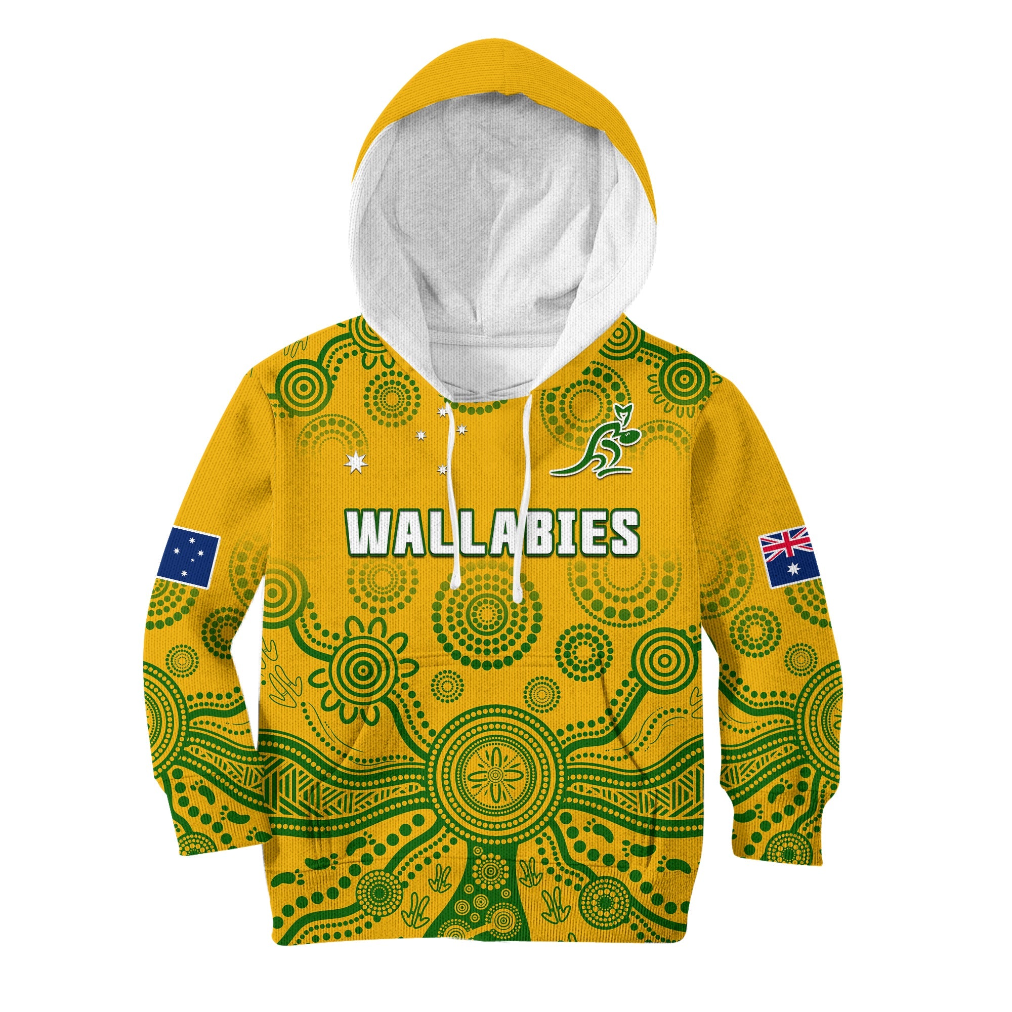 (Custom Text And Number) Australia 2022 Rugby Hoodie KID Wallabies Aboriginal Yellow Style - Vibe Hoodie Shop