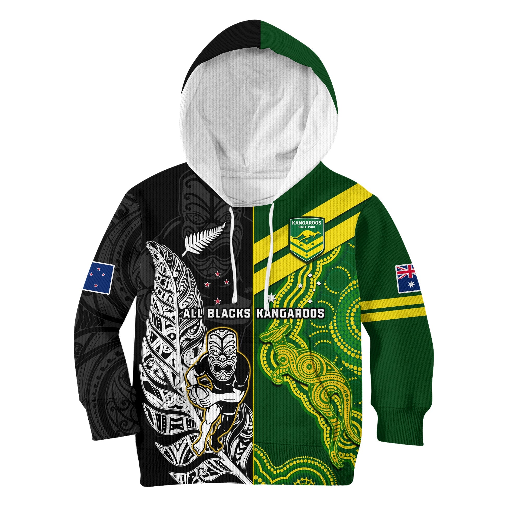 (Custom Personalised) Australia Kangaroos And All Black Rugby Hoodie KID Aboriginal Mix NZ Maori Fern - Vibe Hoodie Shop