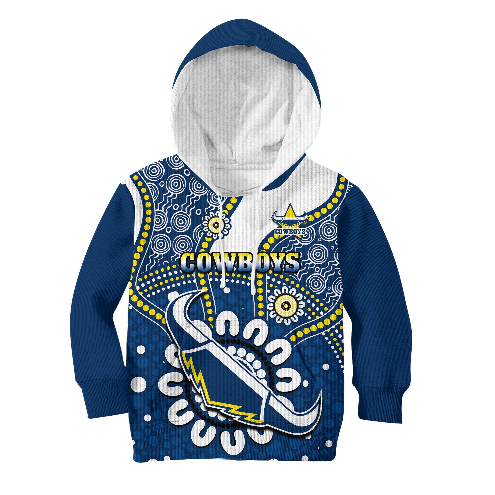 (Custom Text And Number) Cowboys Rugby Hoodie KID Indigenous Art - Vibe Hoodie Shop