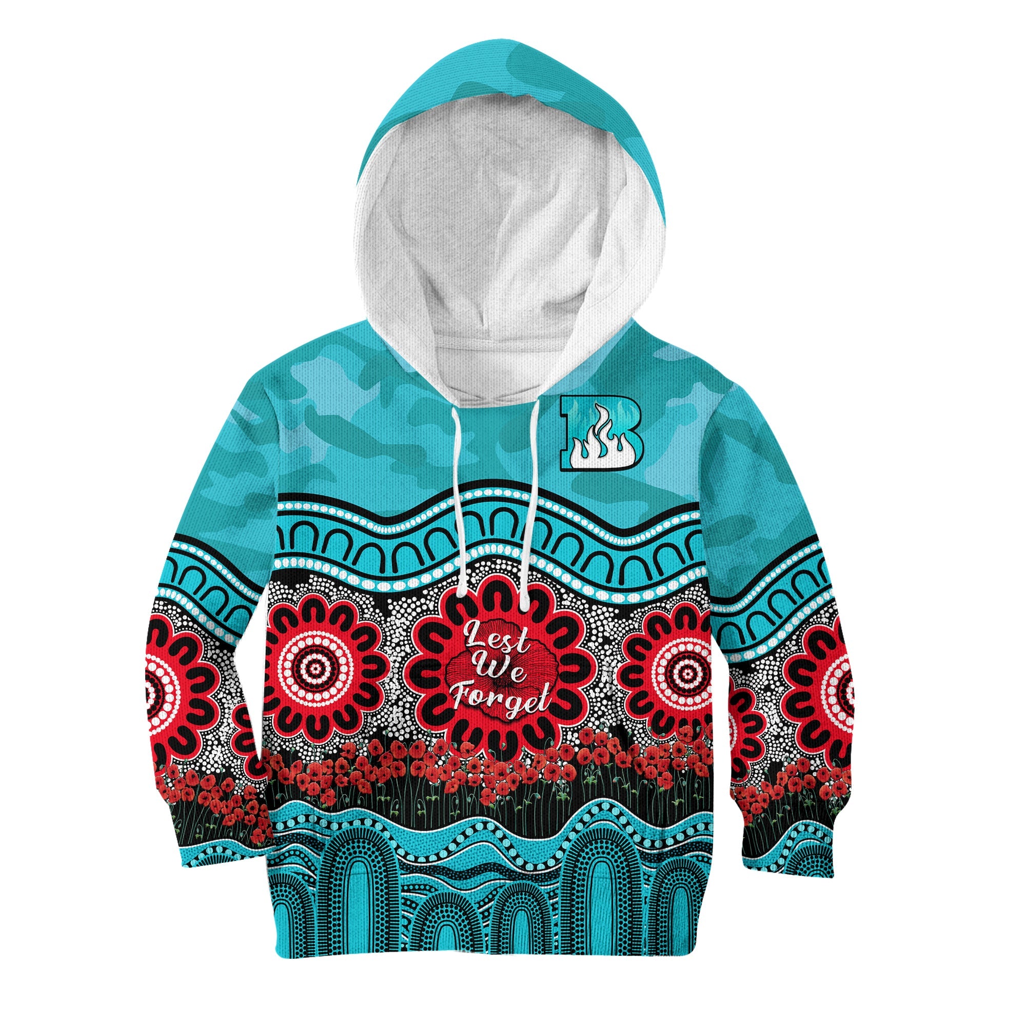 (Custom Text And Number) Brisbane Heat Cricket ANZAC Hoodie KID Poppy Aboriginal Camouflage - Vibe Hoodie Shop