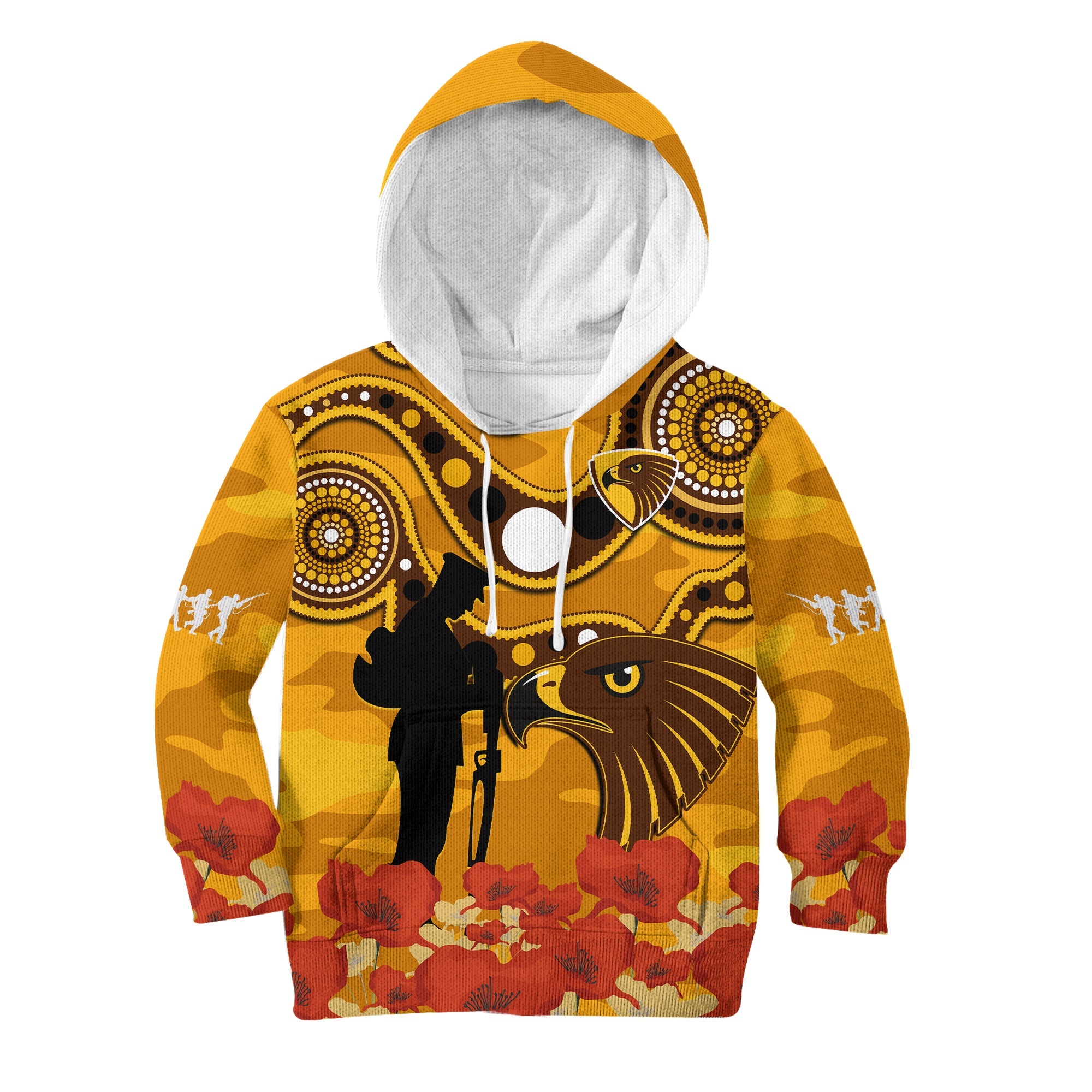 (Custom Text And Number) Hawks Football ANZAC 2023 Hoodie KID Indigenous Mix Poppy Camouflage - Vibe Hoodie Shop