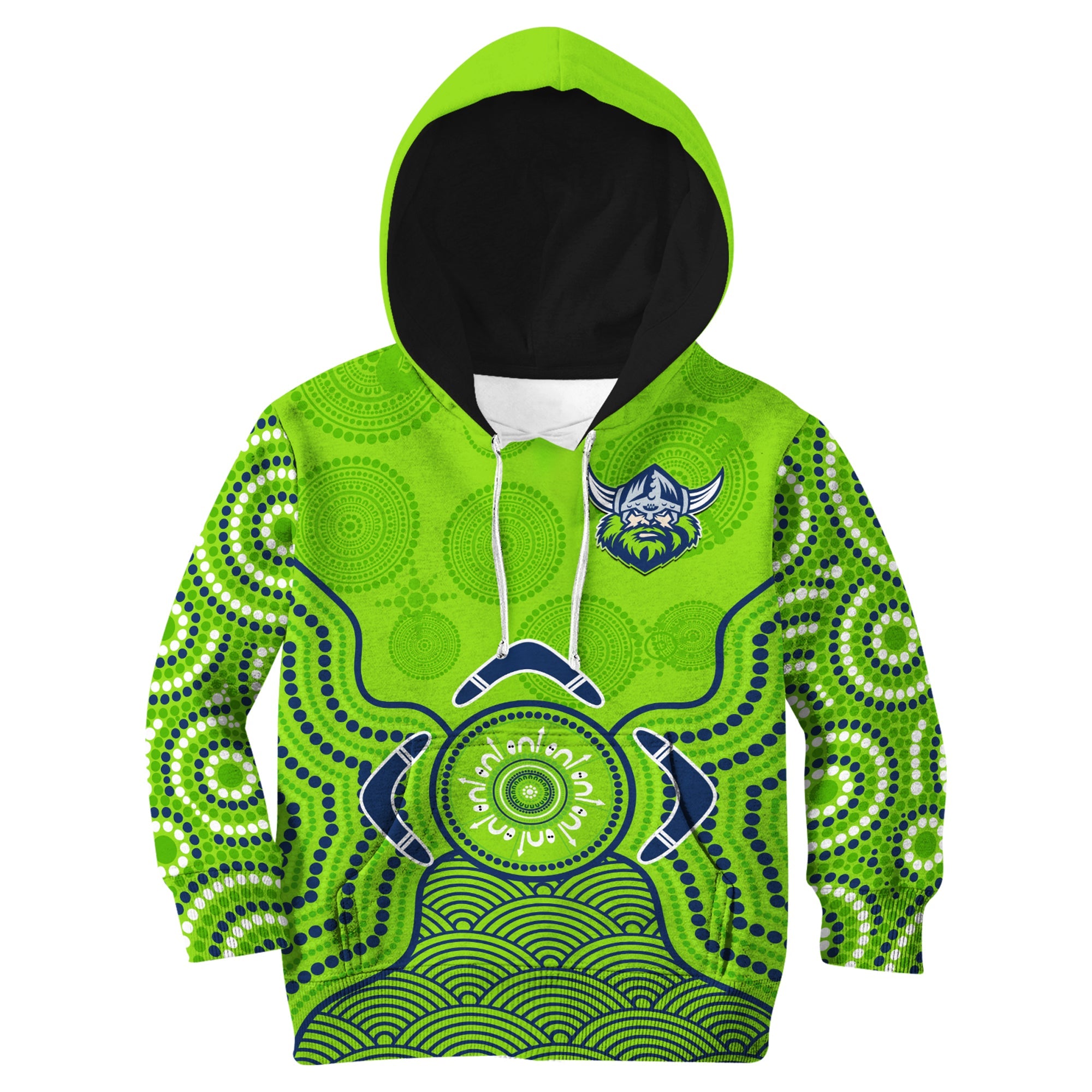 Raiders Rugby Hoodie KID The Green Machine Indigenous Artsy - Vibe Hoodie Shop