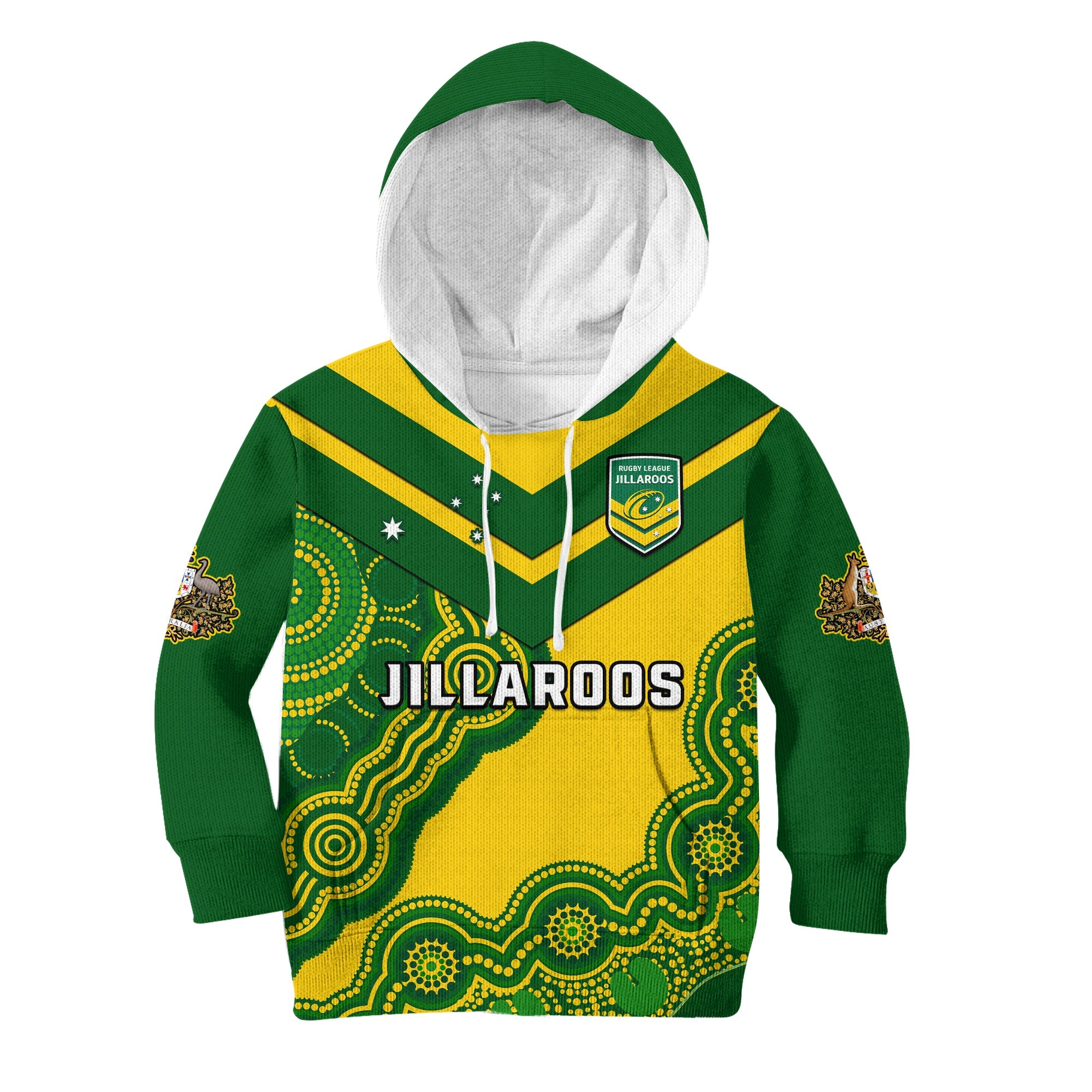 (Custom Text And Number) Australia Rugby Hoodie KID Jillaroos Champions Indigenous Yellow Style - Vibe Hoodie Shop