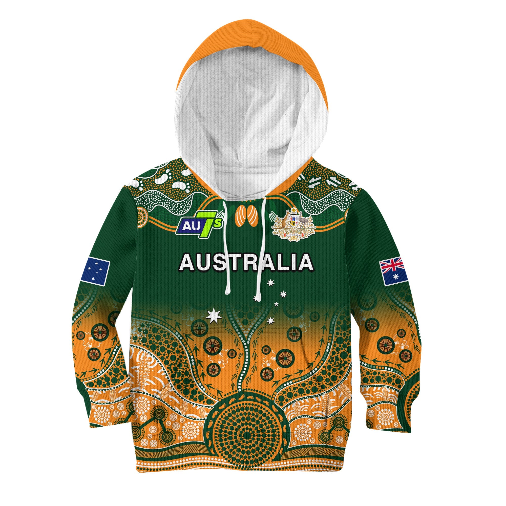 (Custom Text And Number) Australia Rugby Hoodie KID Aussie Sevens Green Indigenous - Vibe Hoodie Shop