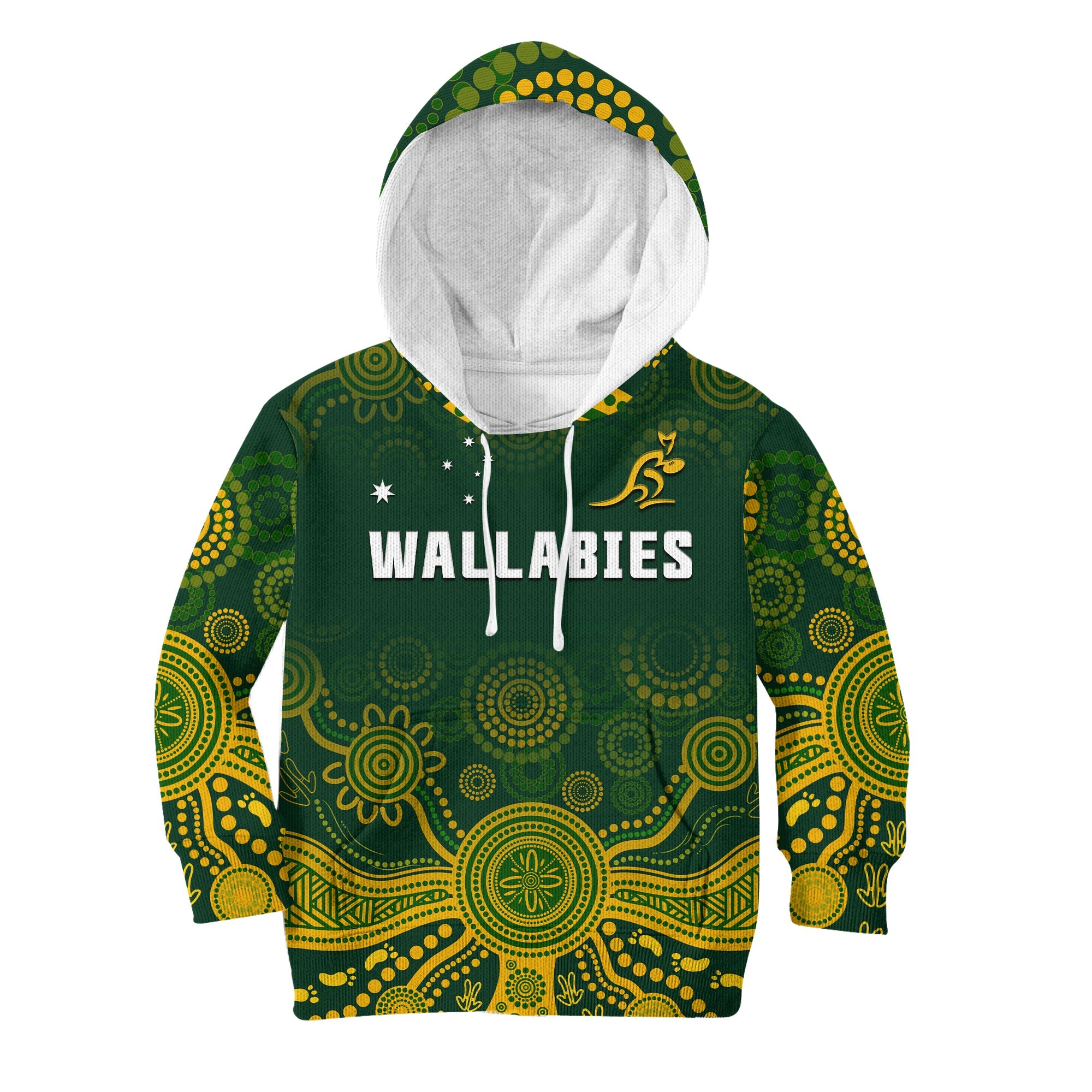 (Custom Text And Number) Australia 2022 Rugby Hoodie KID Wallabies Aboriginal Style - Vibe Hoodie Shop