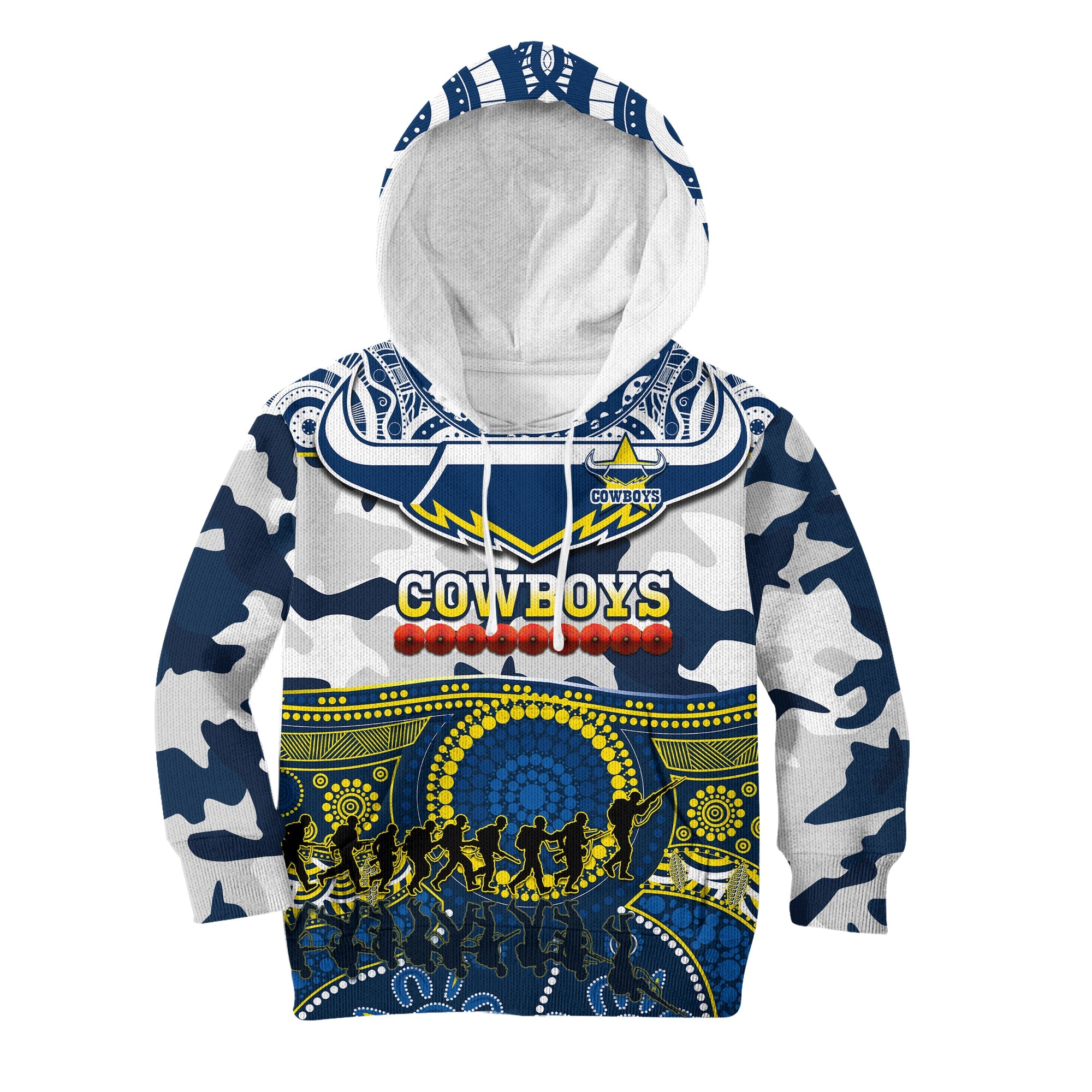 (Custom Text And Number) Cowboys Rugby ANZAC Hoodie KID Indigenous Poppy Mix Camouflage - Vibe Hoodie Shop