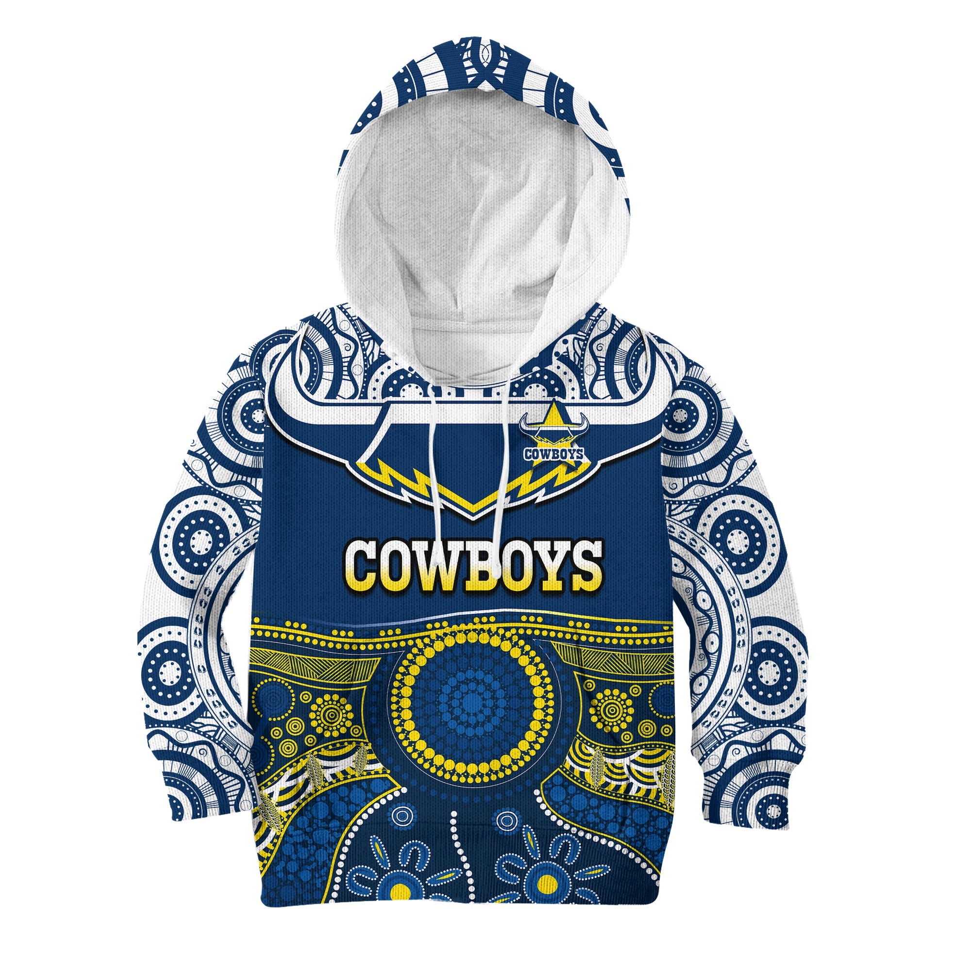 (Custom Text And Number) Cowboys Rugby Hoodie KID Aboriginal Art - Vibe Hoodie Shop