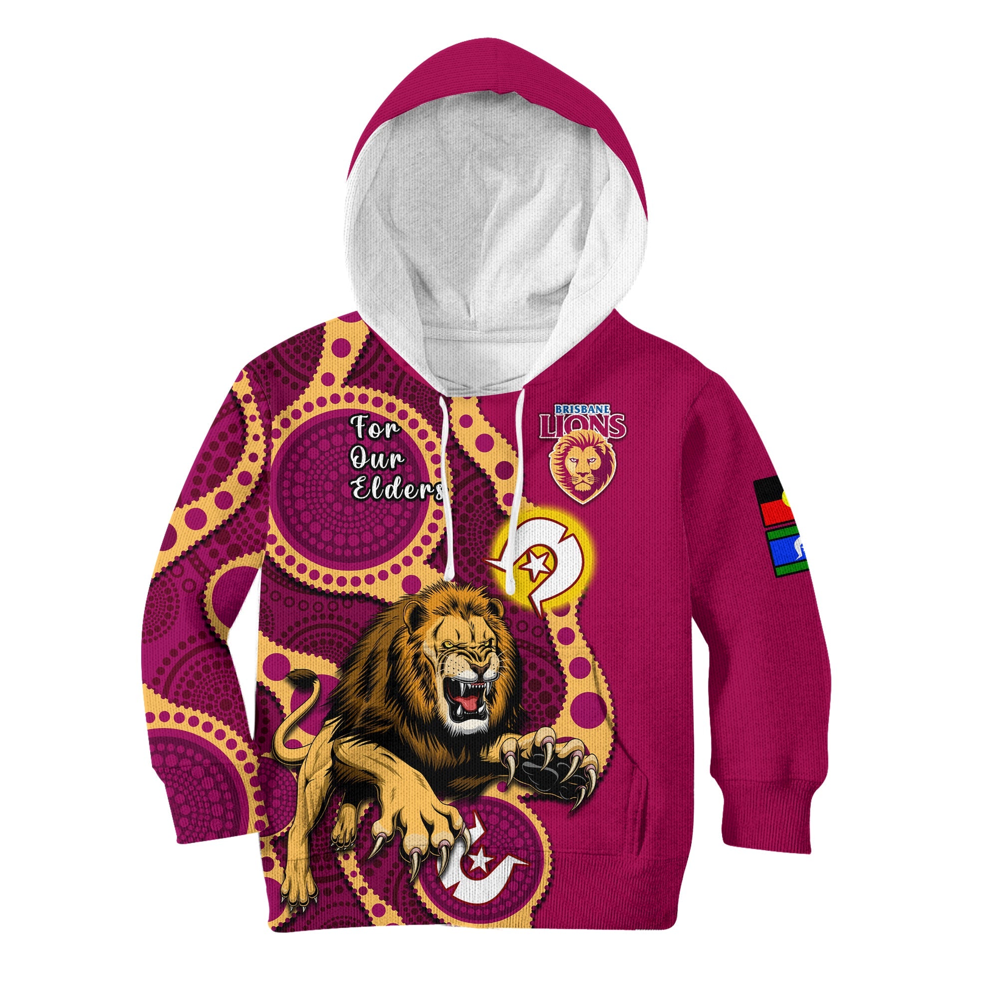 (Custom Text And Number) Brisbane Lions Football NAIDOC 2023 Hoodie KID For Our Elders Indigenous Art - Vibe Hoodie Shop