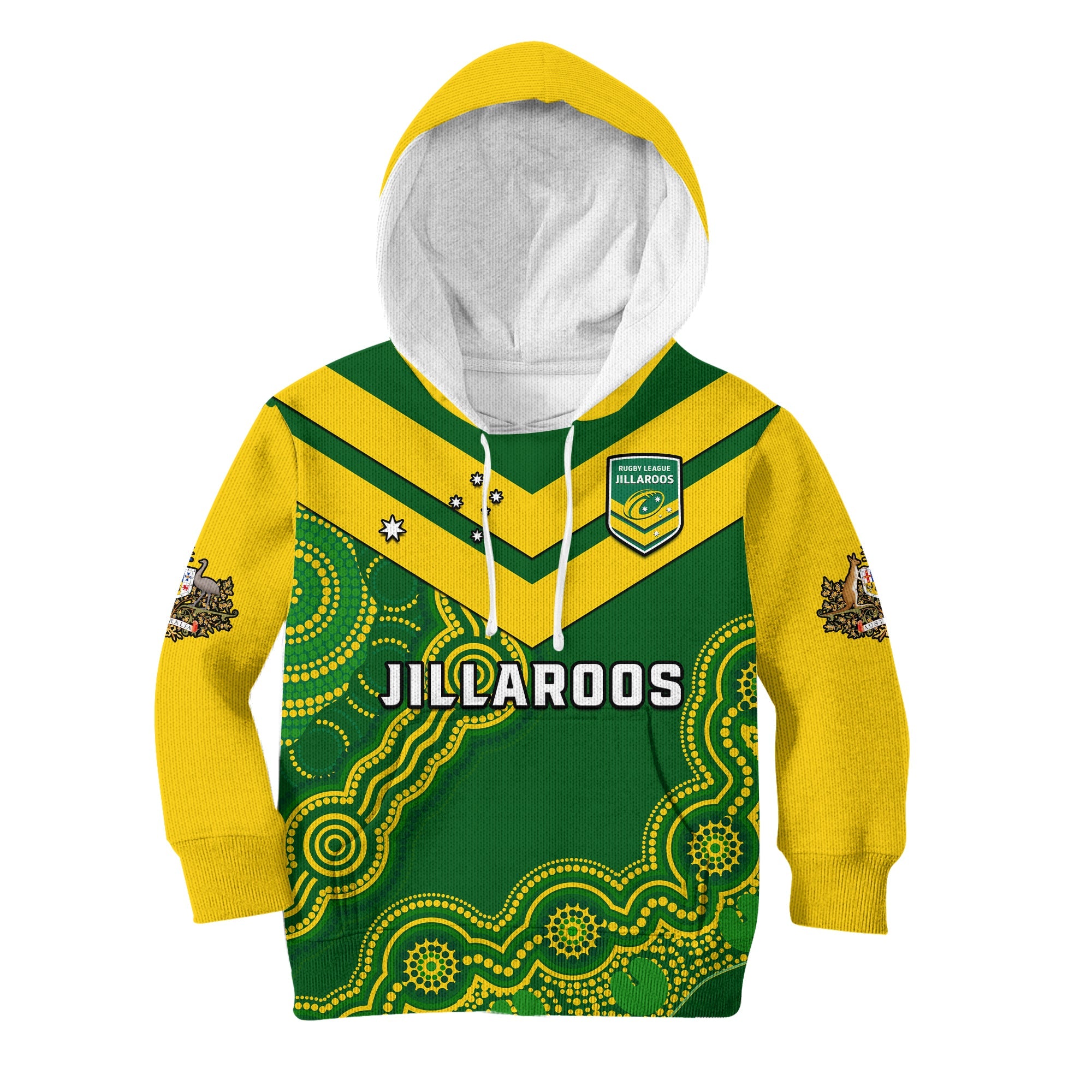 (Custom Text And Number) Australia Rugby Hoodie KID Jillaroos Champions Indigenous Green Style - Vibe Hoodie Shop