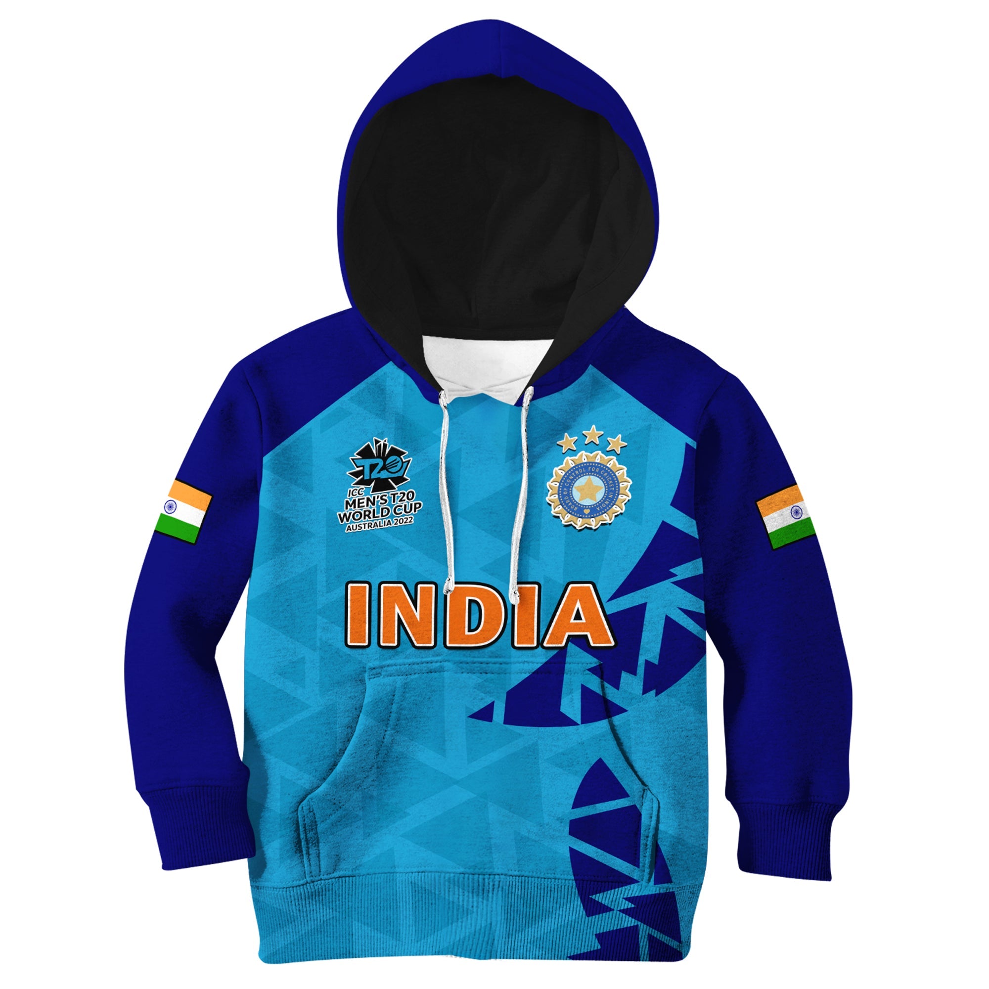 (Custom Text And Number) India Cricket Hoodie KID Men in Blue 2022 Mens T20 World Cup - Vibe Hoodie Shop