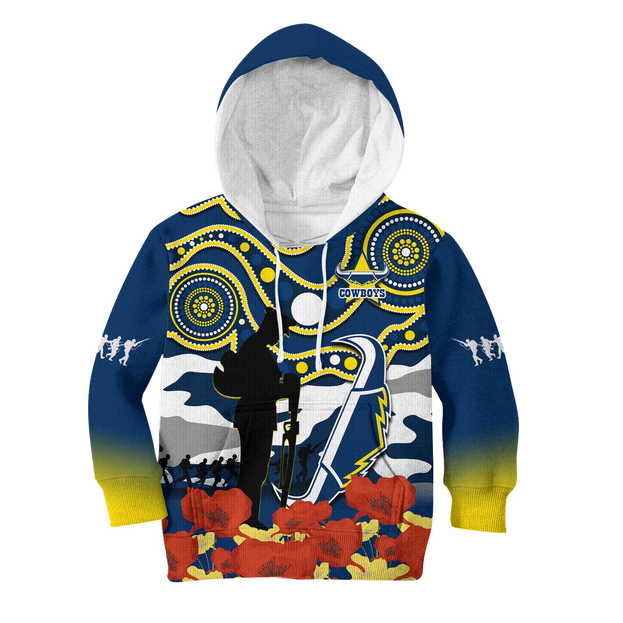 (Custom Text And Number) Cowboys Rugby ANZAC 2023 Hoodie KID Australian Army Aboriginal Lest We Forget - Vibe Hoodie Shop