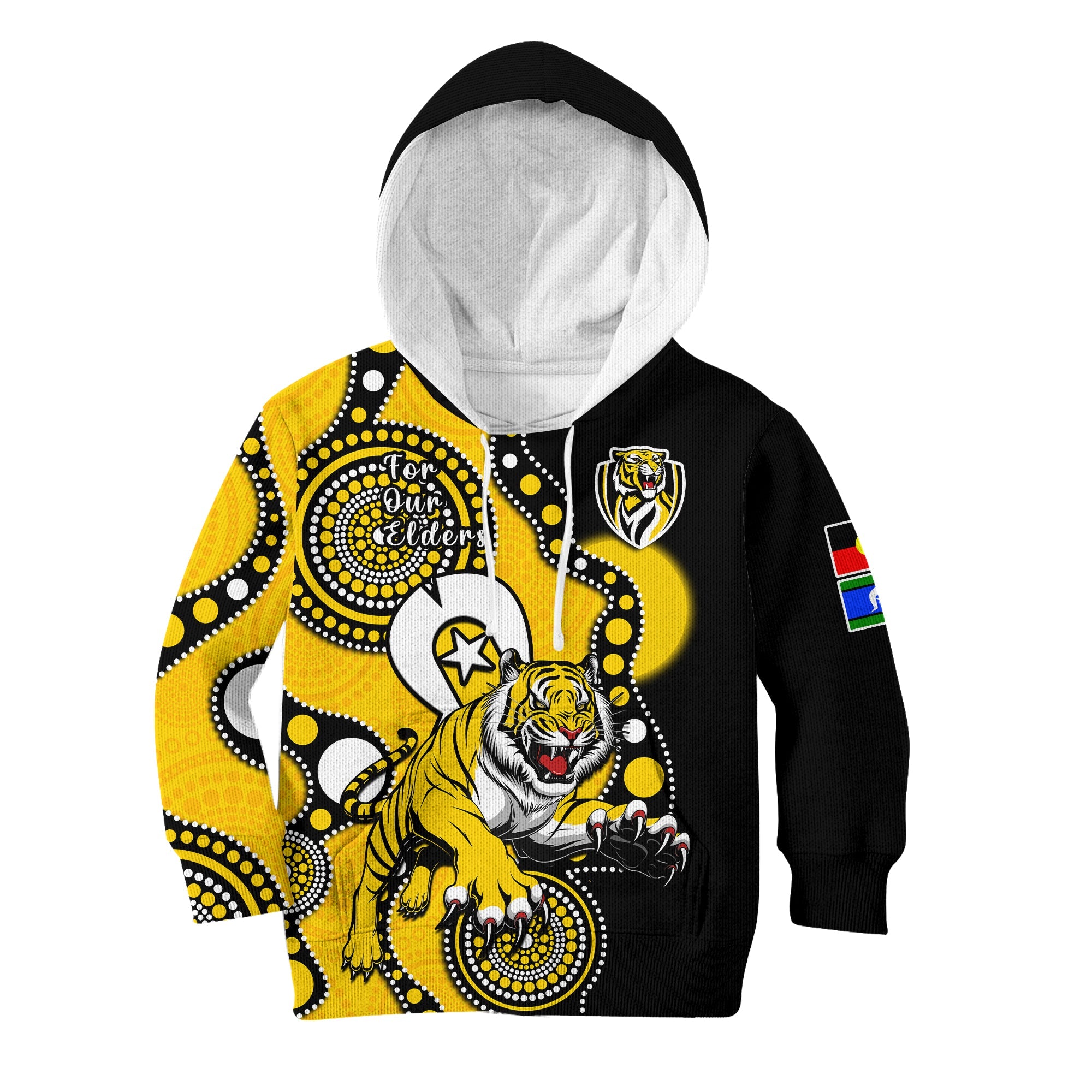 (Custom Text And Number) Richmond Football NAIDOC 2023 Hoodie KID Tigers For Our Elders Indigenous Art - Vibe Hoodie Shop