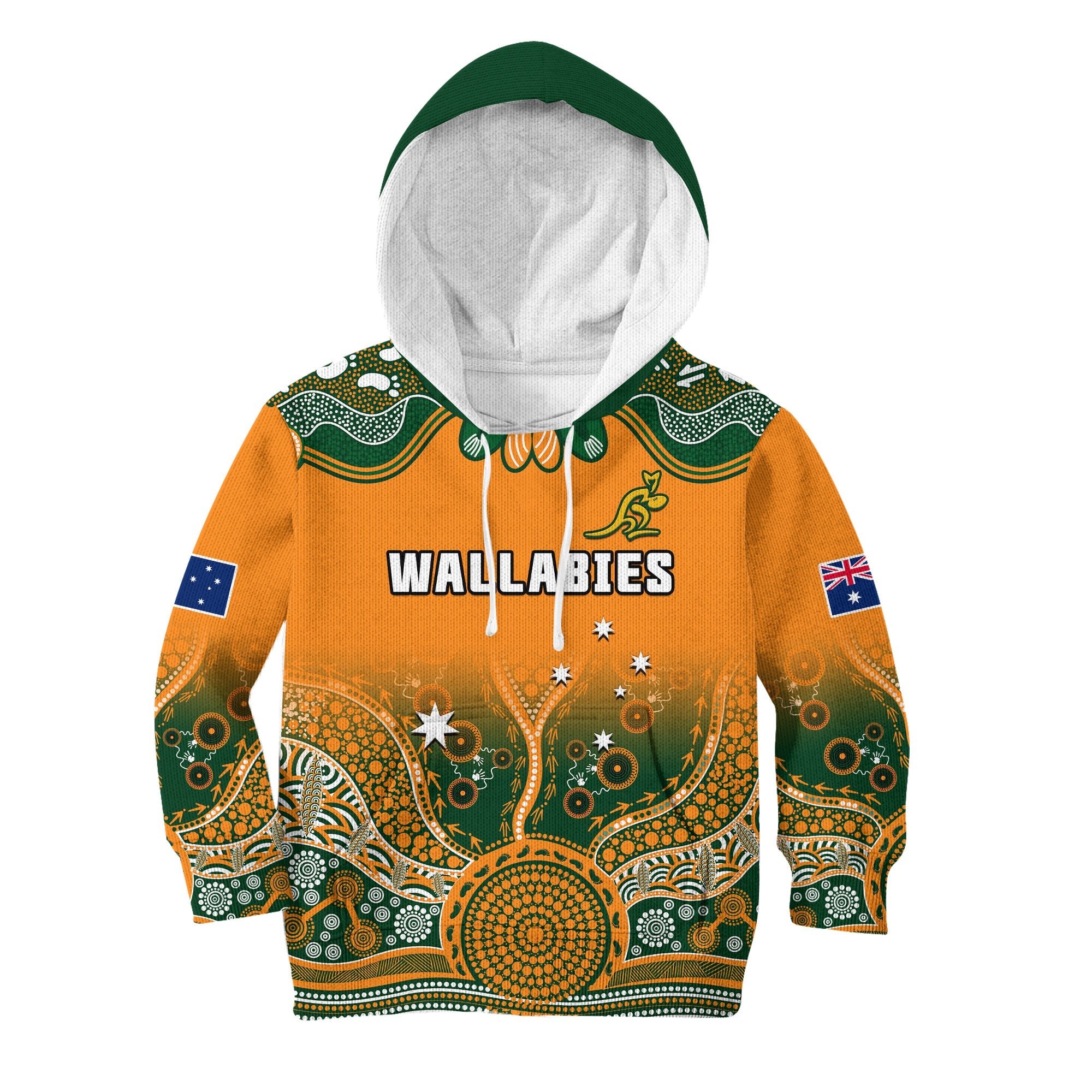 (Custom Text And Number) Australia Rugby Hoodie KID Wallabies Kangaroo Orange Aboriginal - Vibe Hoodie Shop