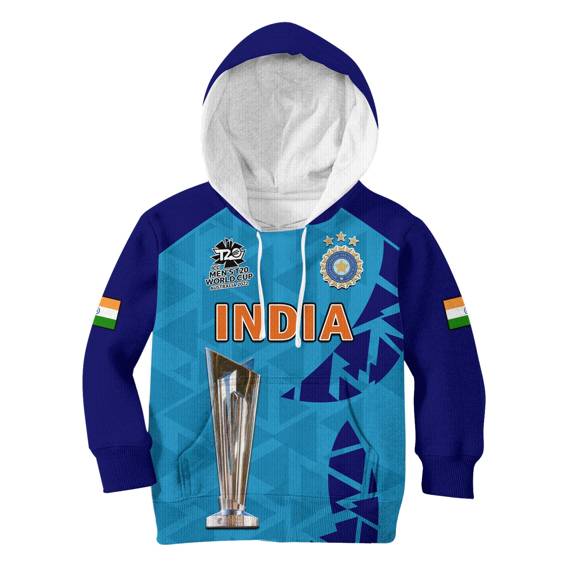 (Custom Text And Number) India Cricket Hoodie KID Men In Blue Champions Mens T20 WC 2022 - Vibe Hoodie Shop