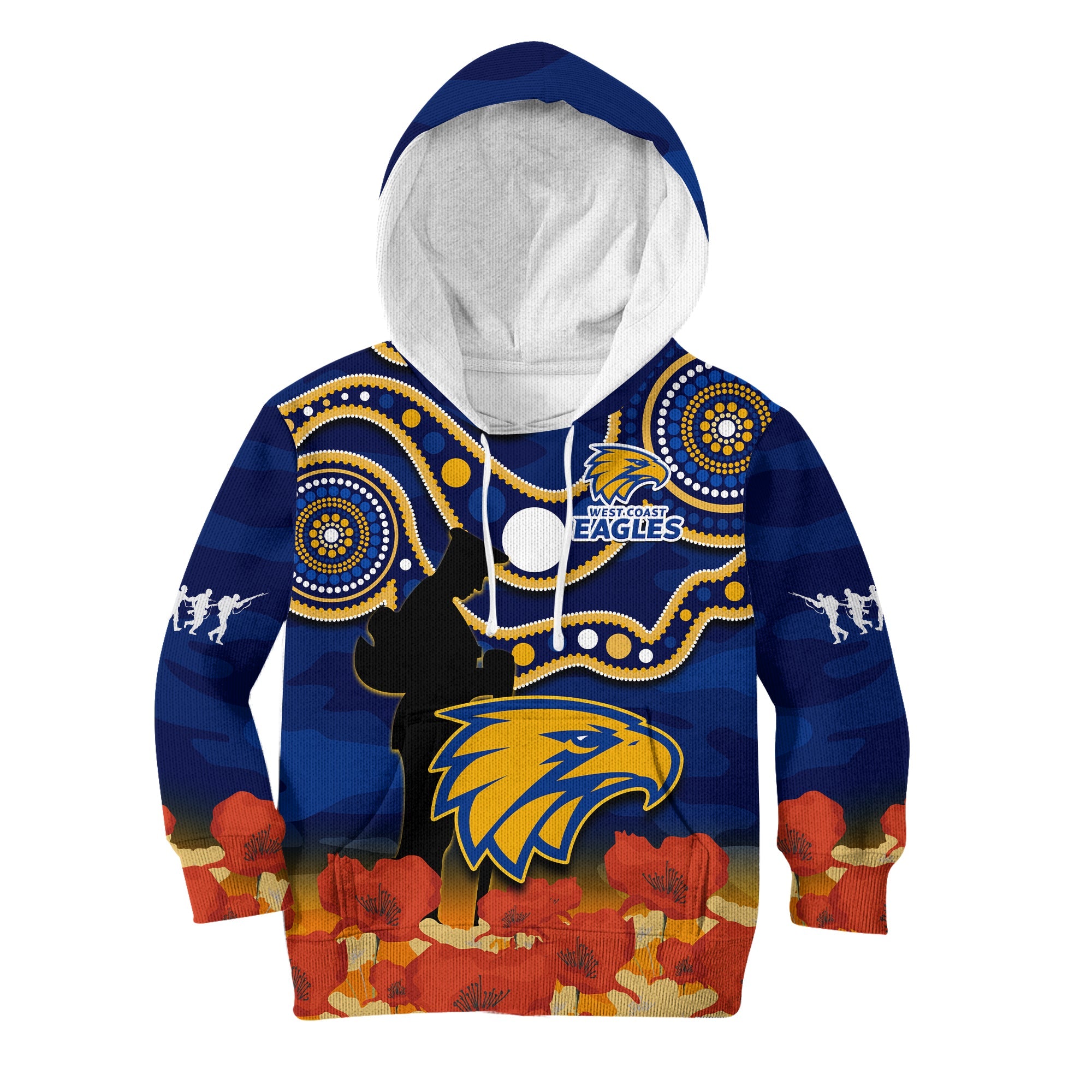 (Custom Text And Number) Eagles Football ANZAC 2023 Hoodie KID West Coast Indigenous Mix Poppy Camouflage - Vibe Hoodie Shop