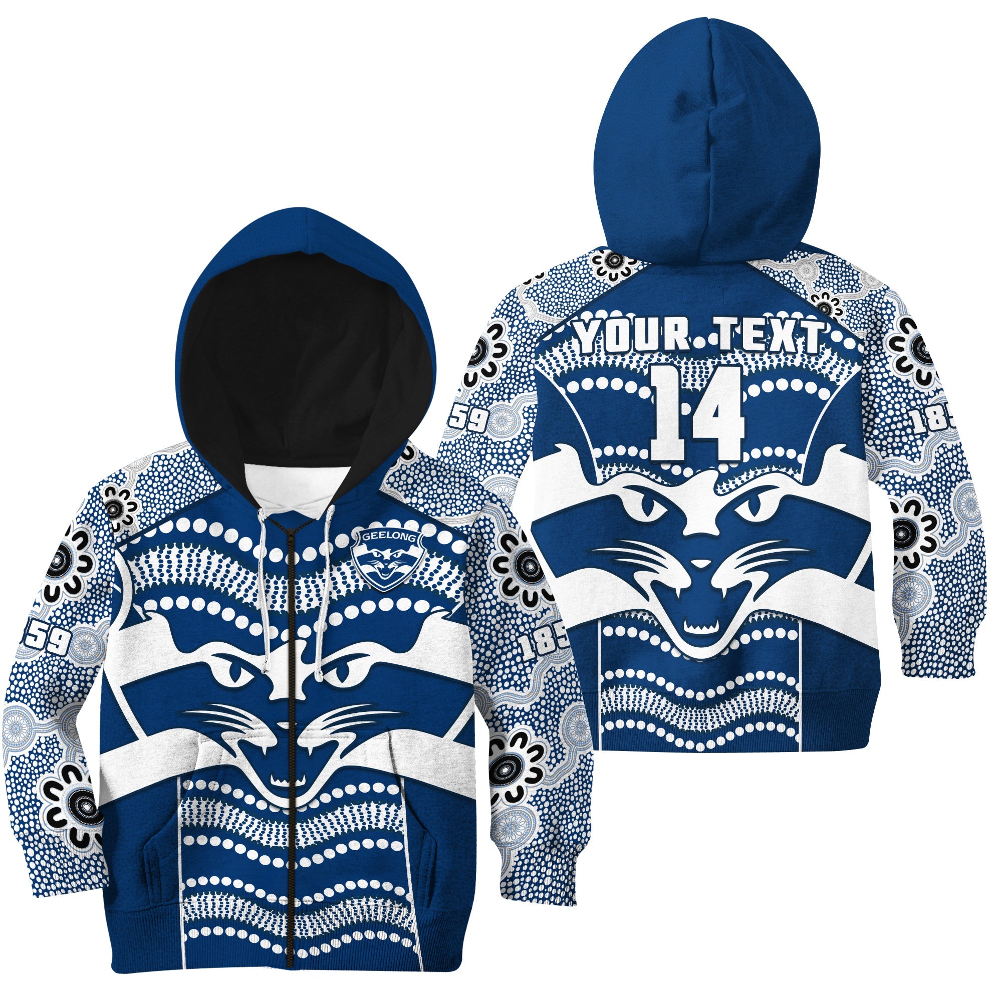 (Custom Text And Number) Cats Football Hoodie KID Geelong 1859 Indigenous Sporty Version - Vibe Hoodie Shop