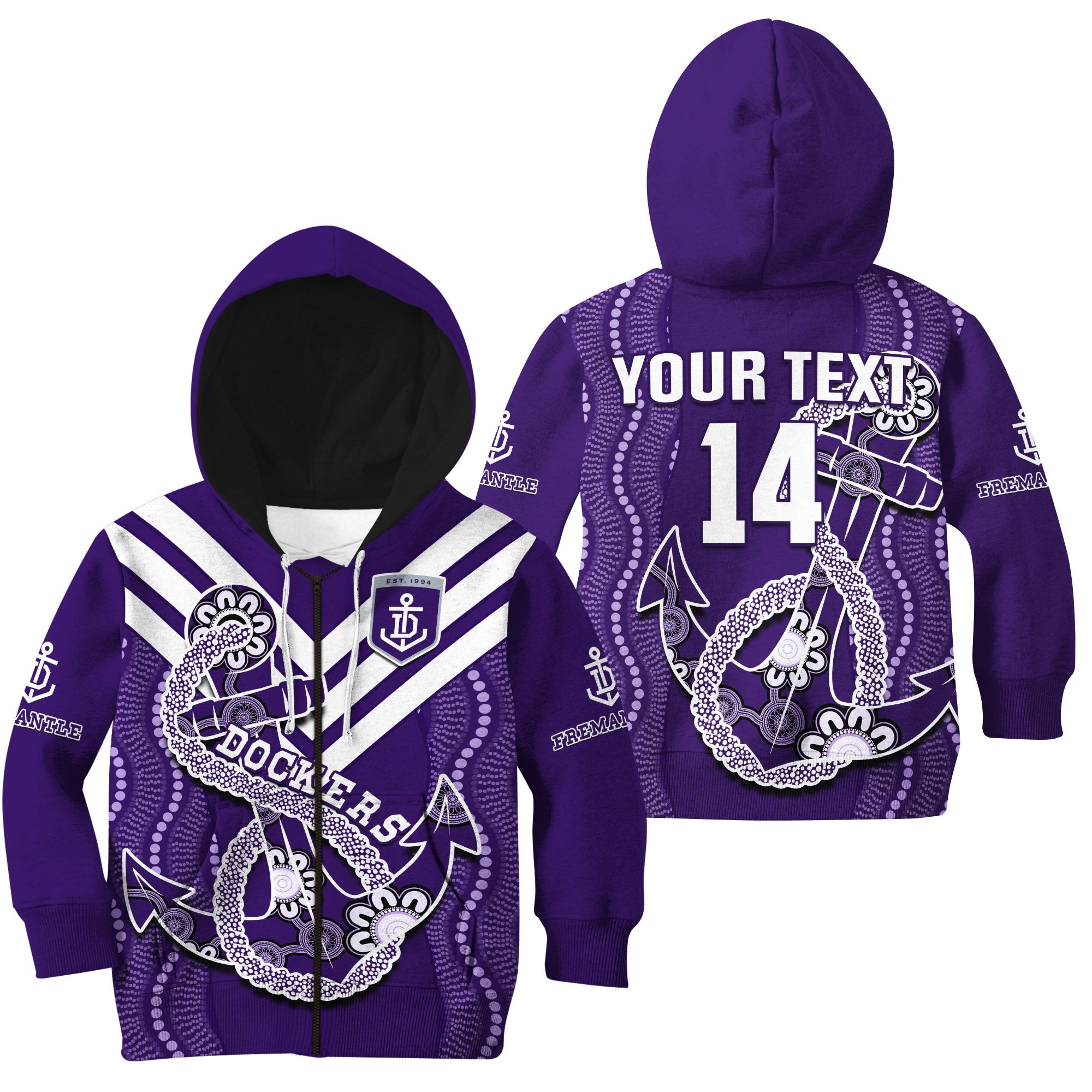 (Custom Text And Number) Dockers Football Hoodie KID Fremantle Anchor Mix Aboriginal Pattern Dynamic Style - Vibe Hoodie Shop