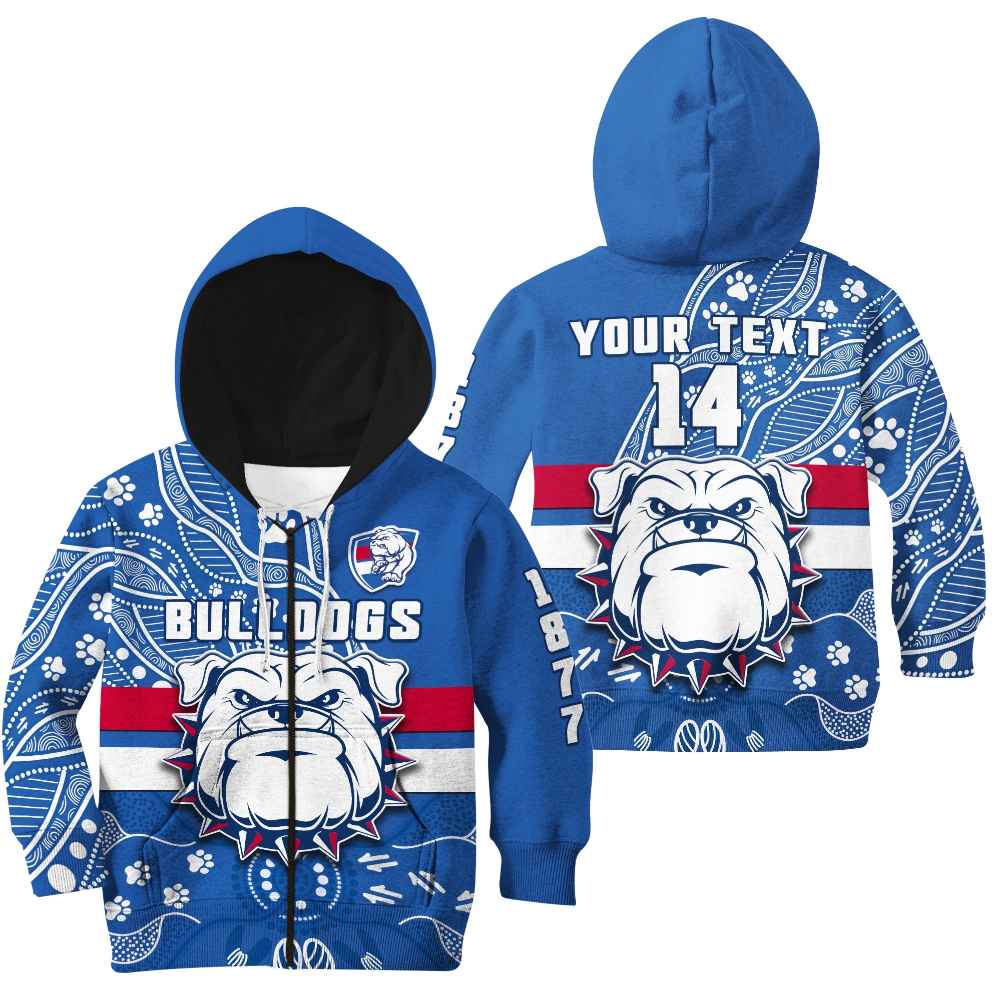 (Custom Text And Number) Bulldogs Football Hoodie KID Scraggers 1877 Aboriginal Dot Painting Newest Version - Vibe Hoodie Shop