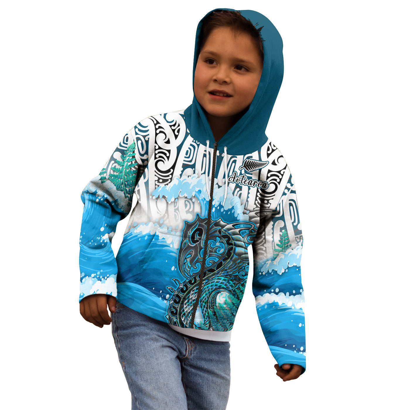 (Custom Personalised) Manaia Maori Hoodie KID Fern Aotearoa Blue Waves - Vibe Hoodie Shop