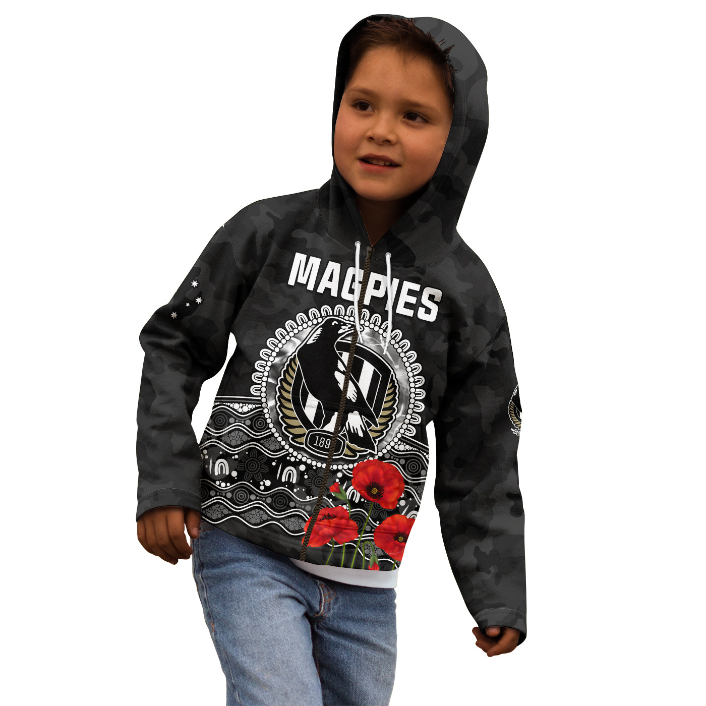 (Custom Personalised) Magpies Football ANZAC Day Hoodie KID Speical Poppy mix Aboriginal - Vibe Hoodie Shop