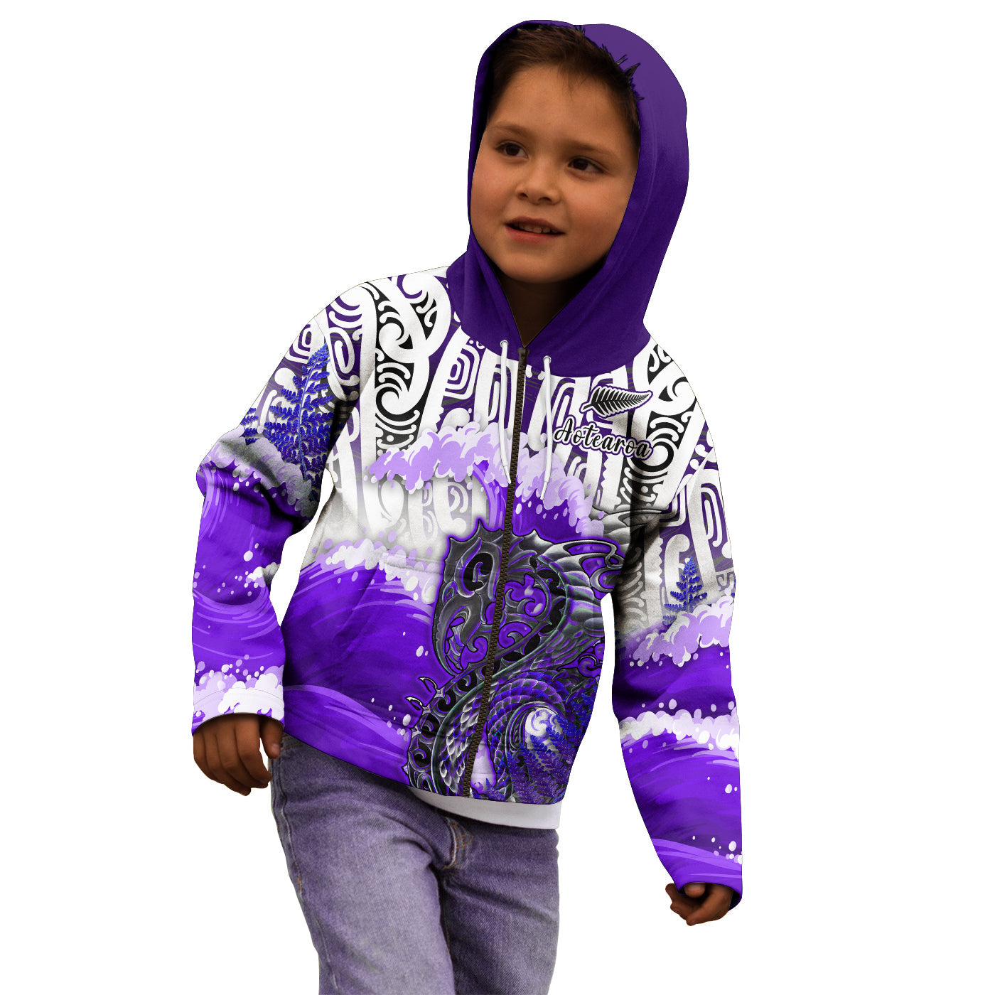 (Custom Personalised) Manaia Maori Hoodie KID Fern Aotearoa Purple Waves - Vibe Hoodie Shop