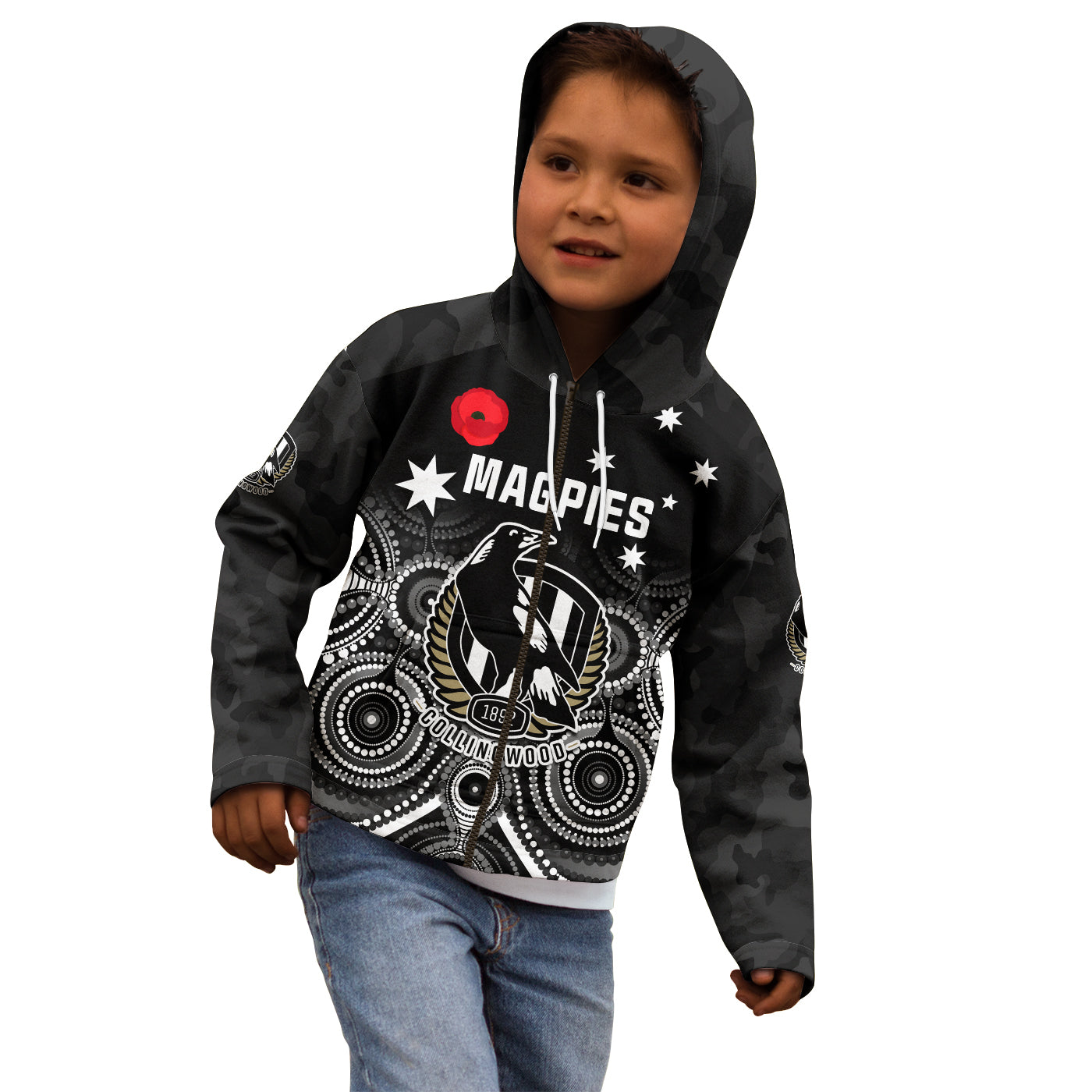 (Custom Text and Number) Magpies Football ANZAC Day Hoodie KID Aboriginal Poppy Flowers - Vibe Hoodie Shop