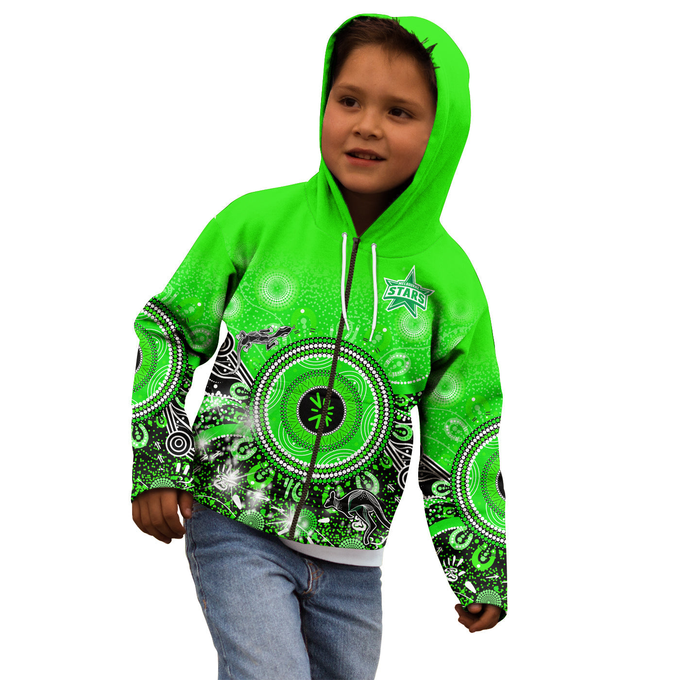 (Custom Text and Number) Melbourne Stars Hoodie KID Cricket Aboriginal - Vibe Hoodie Shop