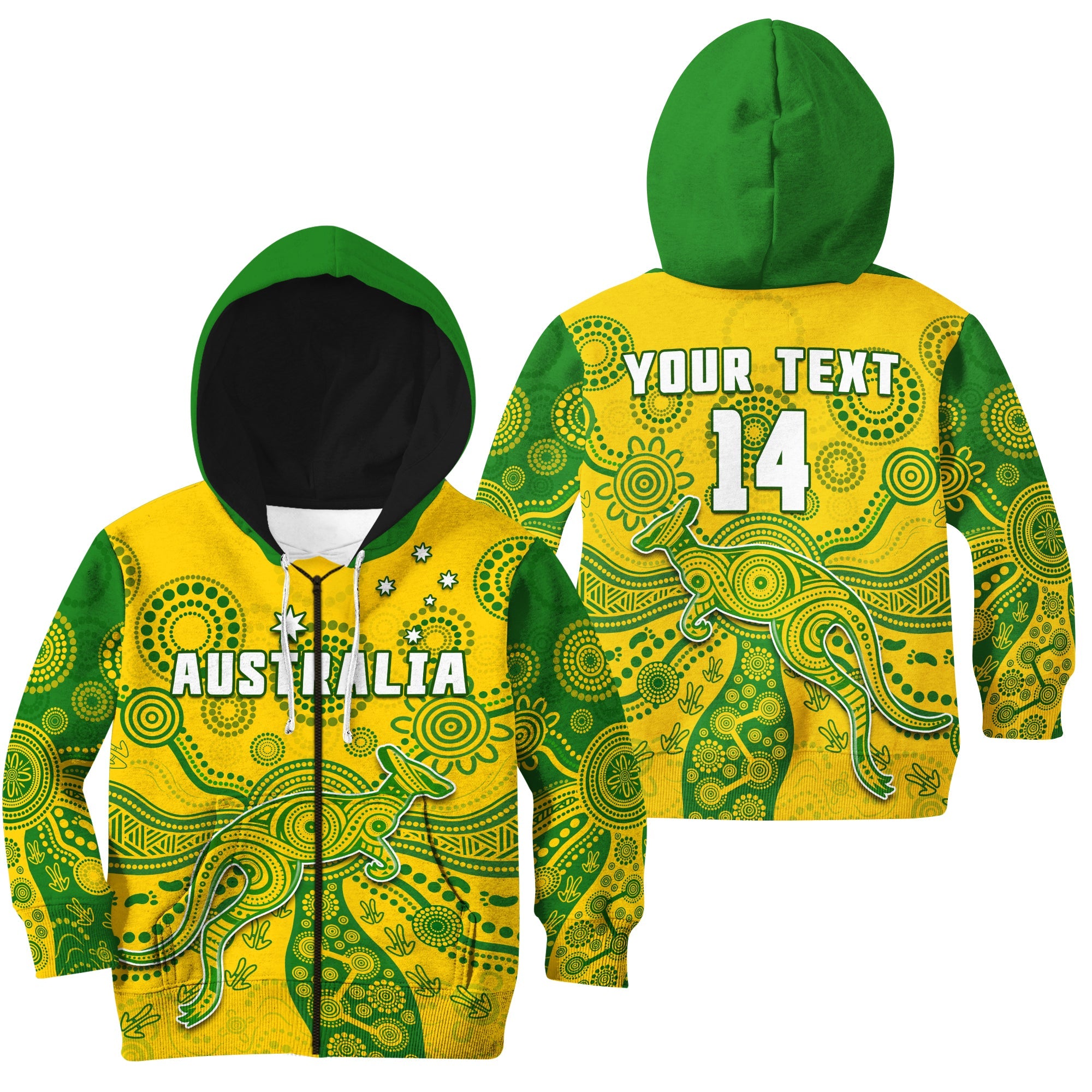 (Custom Text And Number) Australia Hoodie KID National Colours Proud Aussie Special Indigenous - Vibe Hoodie Shop