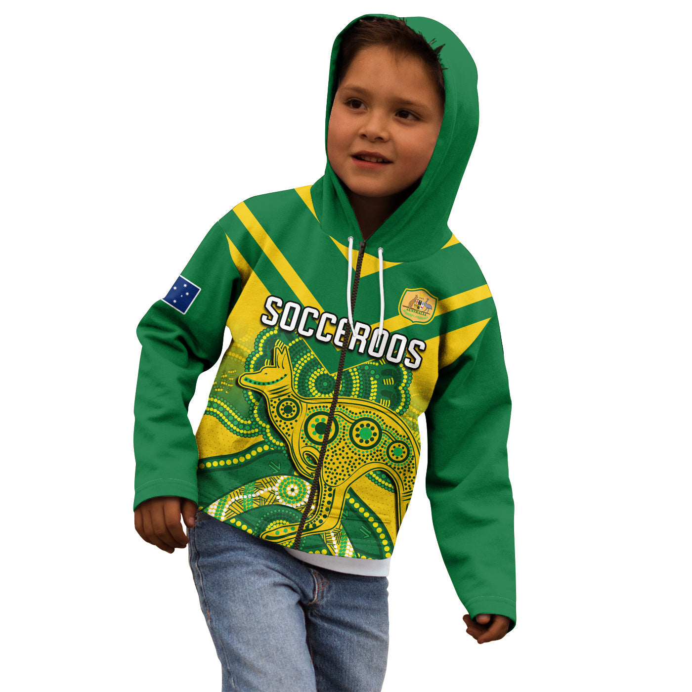 (Custom Text and Number) Australia Soccer Hoodie KID Champions Aboriginal Kangaroos World Cup Football Socceroos - Vibe Hoodie Shop