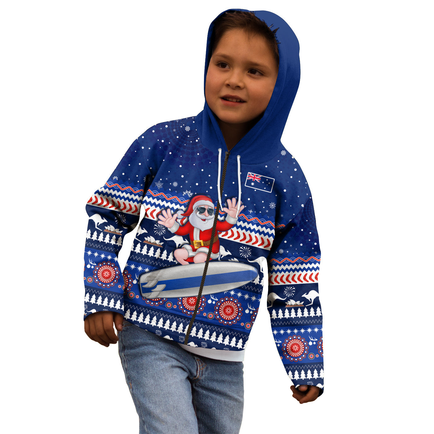 (Custom Text and Number) Australia Christmas Hoodie KID Aussie Aboriginal Santa Claus is Surfing with Kangaroo - Vibe Hoodie Shop