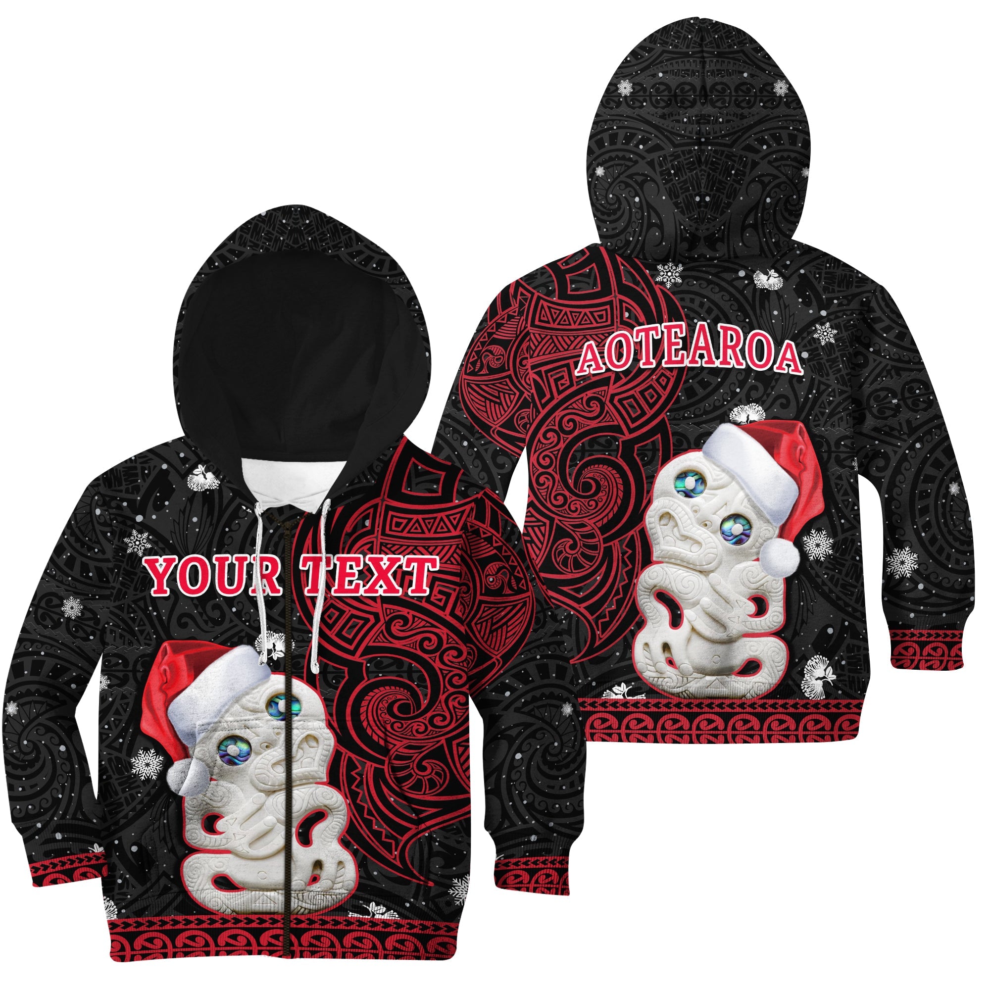 (Custom Personalised) New Zealand Christmas Hoodie KID Hei Tiki Red Pohutukawa Meri Kirihimete - Vibe Hoodie Shop