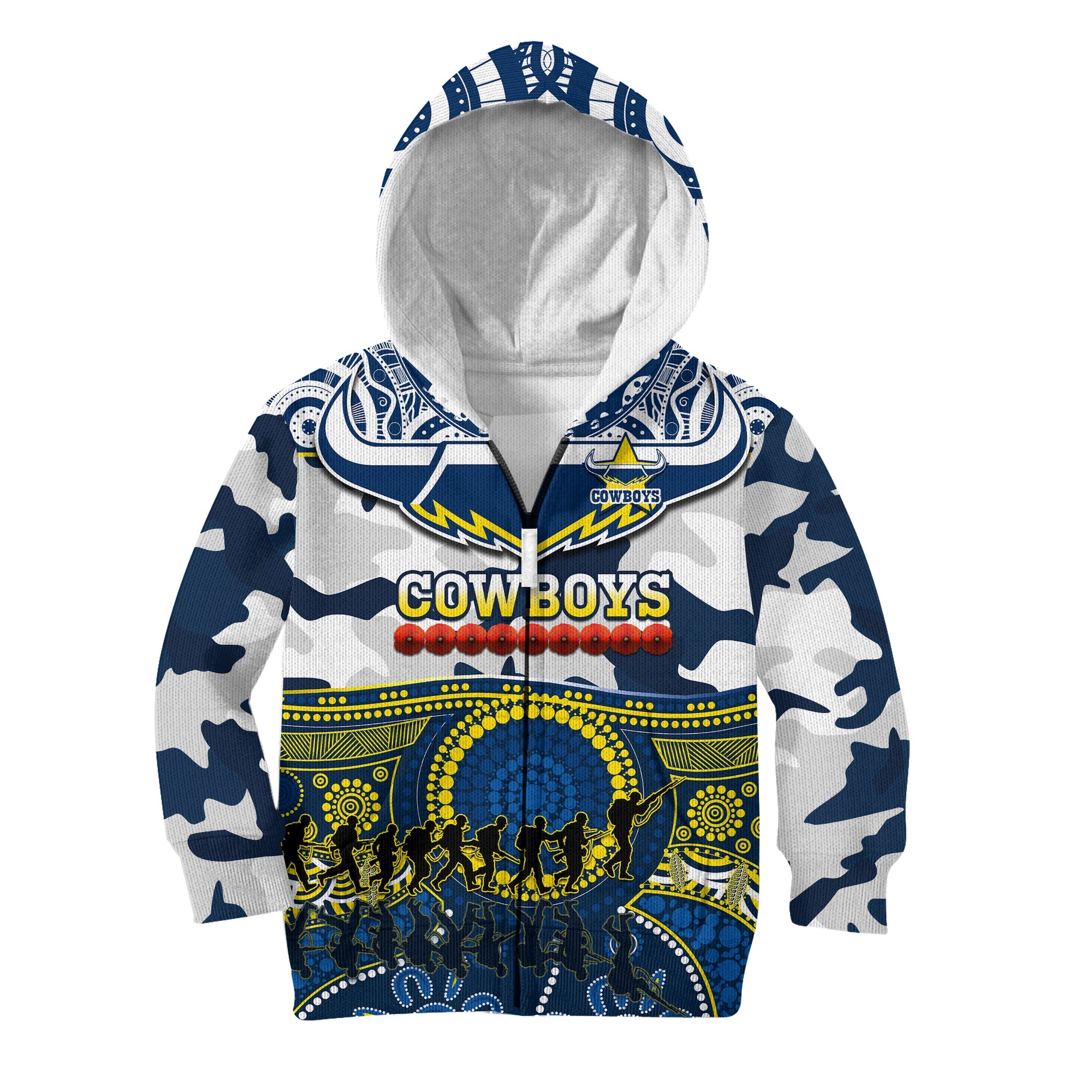 (Custom Text And Number) Cowboys Rugby ANZAC Hoodie KID Indigenous Poppy Mix Camouflage - Vibe Hoodie Shop