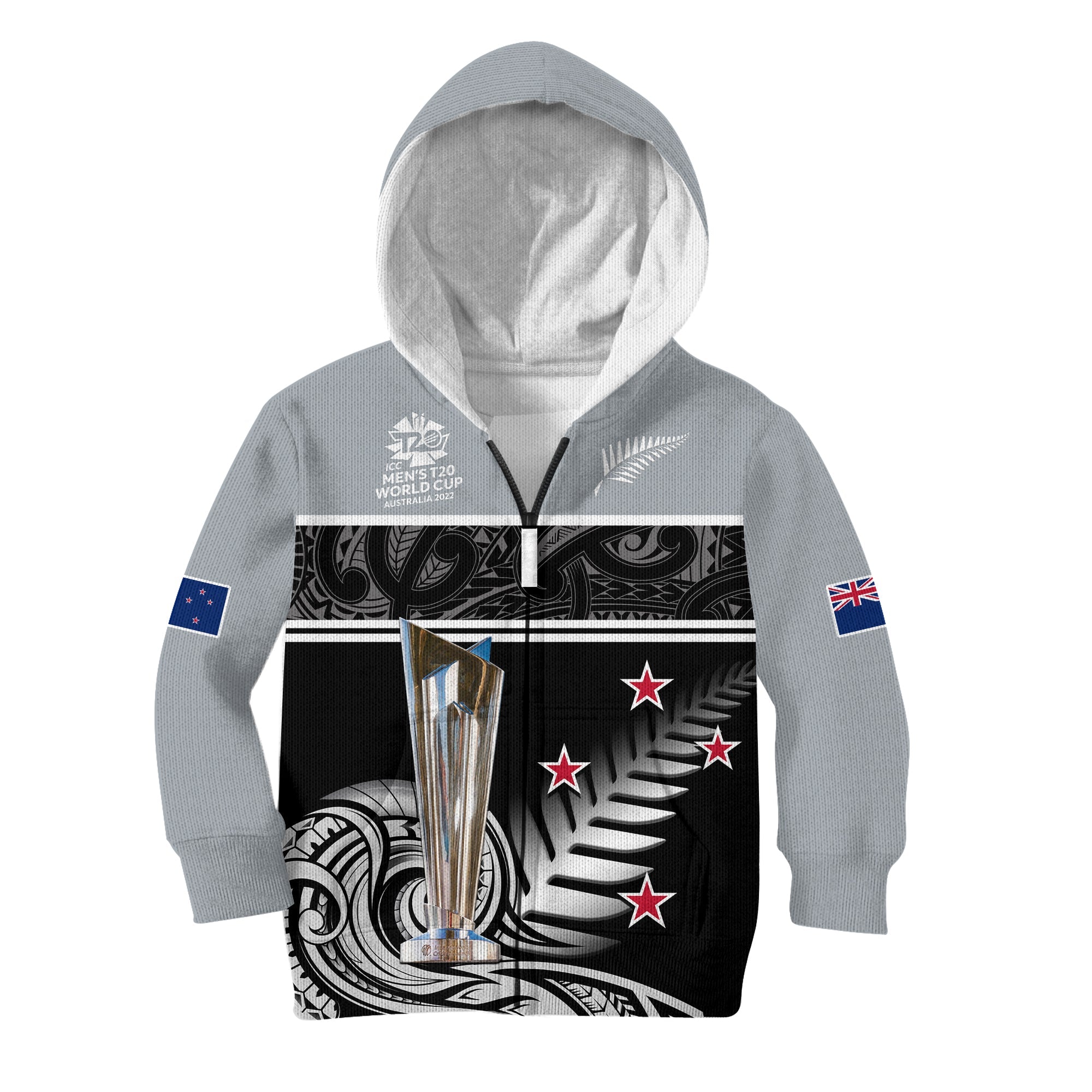 (Custom Text And Number) New Zealand Cricket Hoodie KID Black Caps Champions Mens T20 WC 2022 - Vibe Hoodie Shop