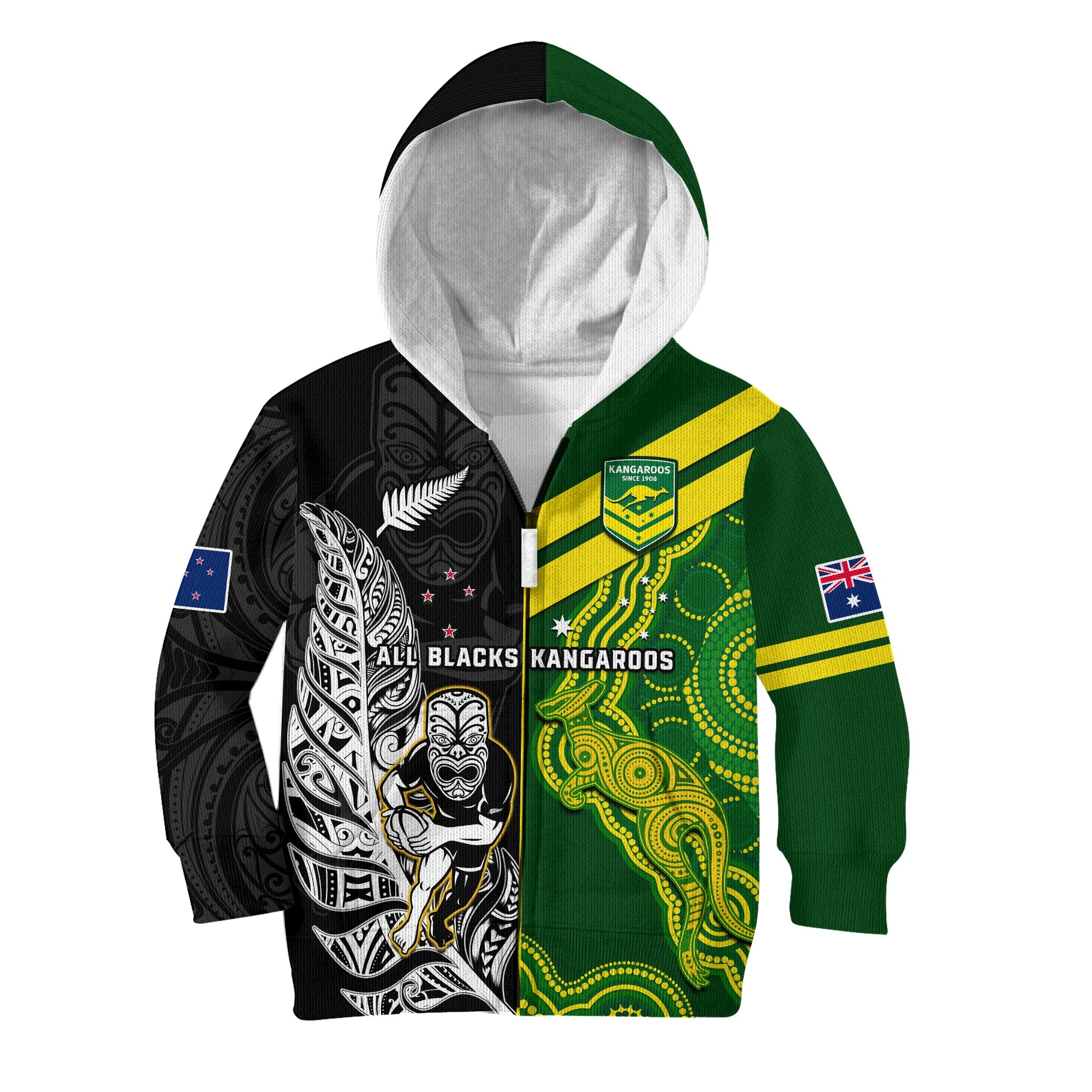 (Custom Personalised) Australia Kangaroos And All Black Rugby Hoodie KID Aboriginal Mix NZ Maori Fern - Vibe Hoodie Shop