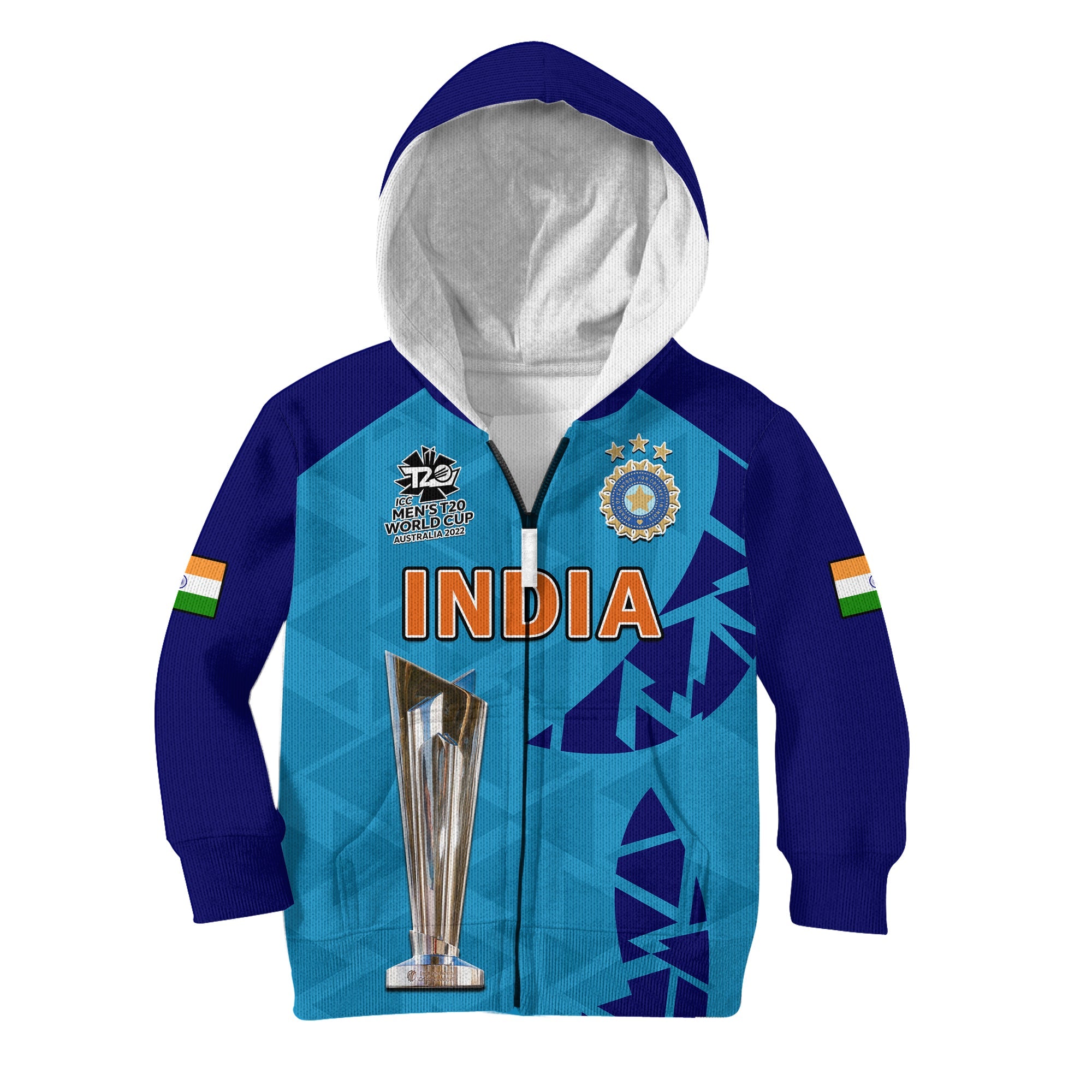 (Custom Text And Number) India Cricket Hoodie KID Men In Blue Champions Mens T20 WC 2022 - Vibe Hoodie Shop