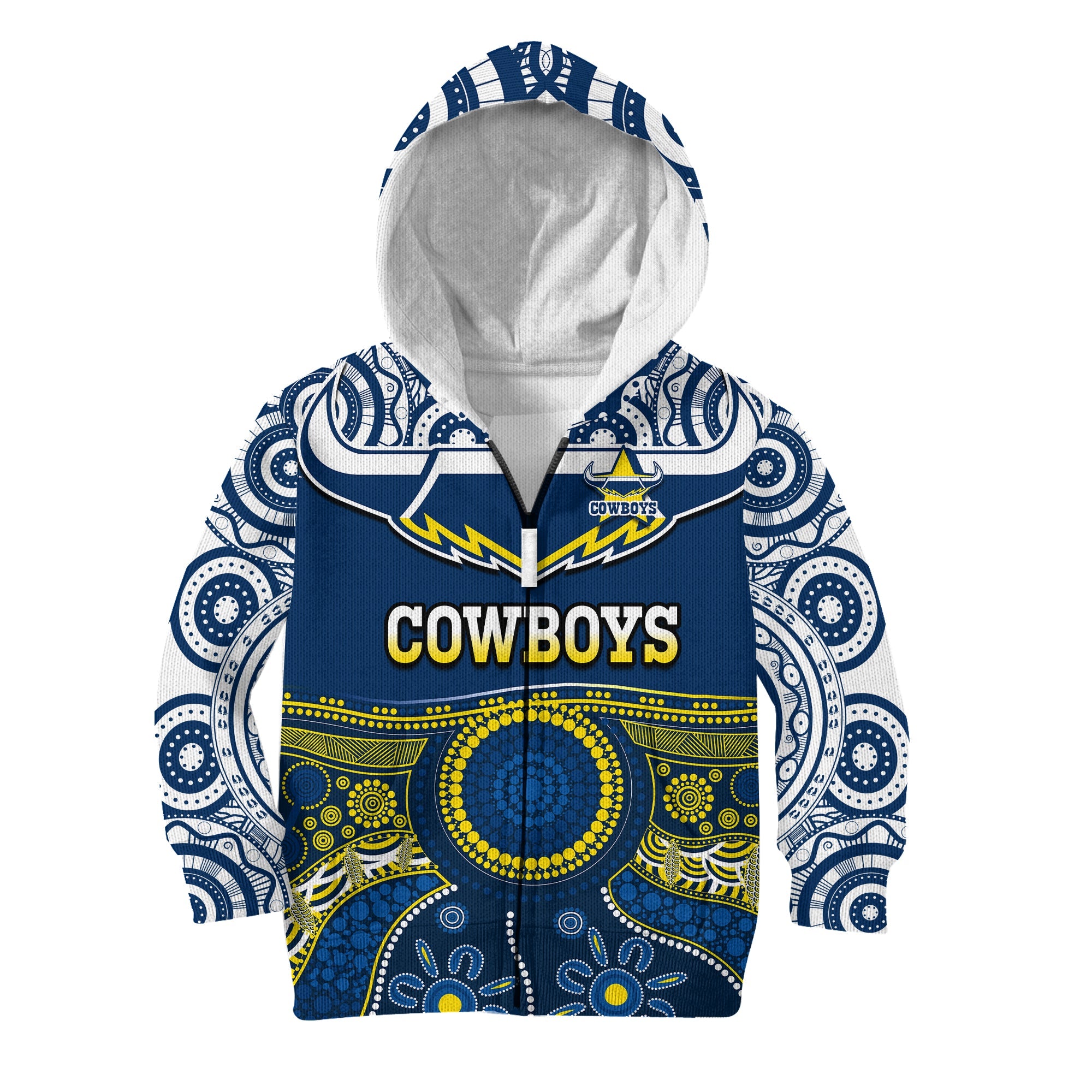 (Custom Text And Number) Cowboys Rugby Hoodie KID Aboriginal Art - Vibe Hoodie Shop