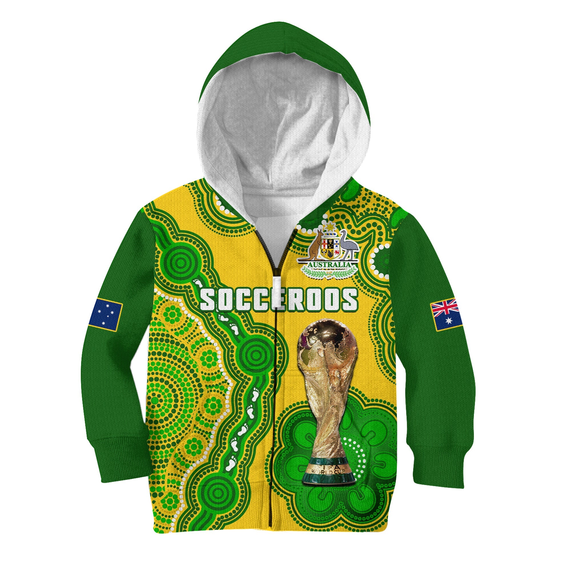 (Custom Text And Number) Australia Soccer Hoodie KID Socceroos Aboriginal WC 2022 - Vibe Hoodie Shop